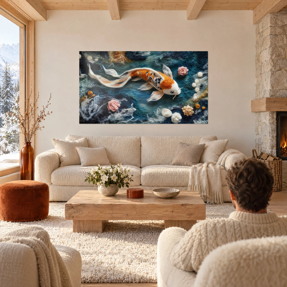 Gemälde Koi-Karpfe in Orange und Weiß, schwimmend in nachtblauem Wollwasser, gehäkelte Rosen, über einem Sofa in einem hellen Wohnzimmer