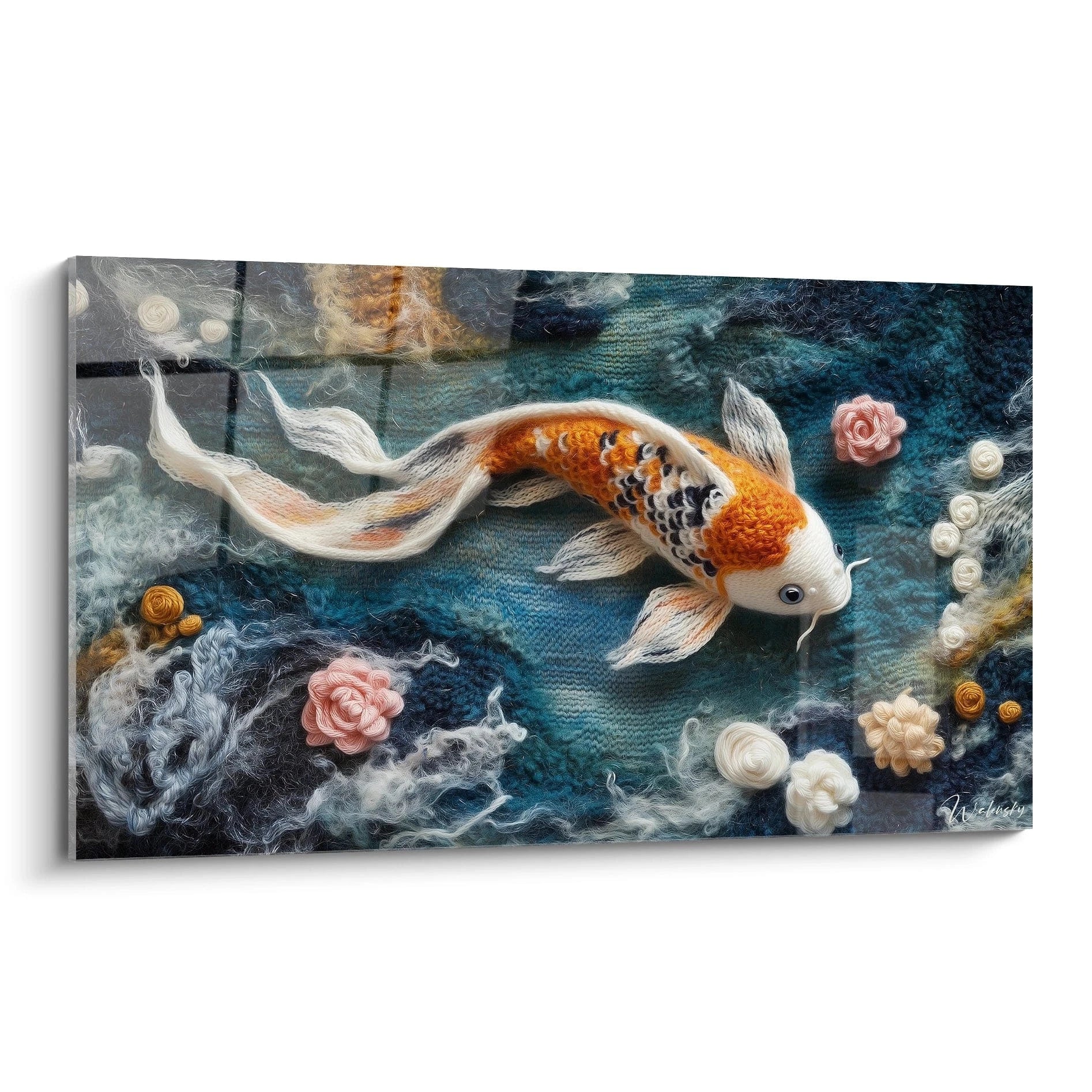 Un tableau textile représentant une carpe koï orange et blanche nageant sur fond bleu turquoise, entourée de fleurs en crochet rose et blanc, avec une texture tridimensionnelle créée par des fils ondulants.
