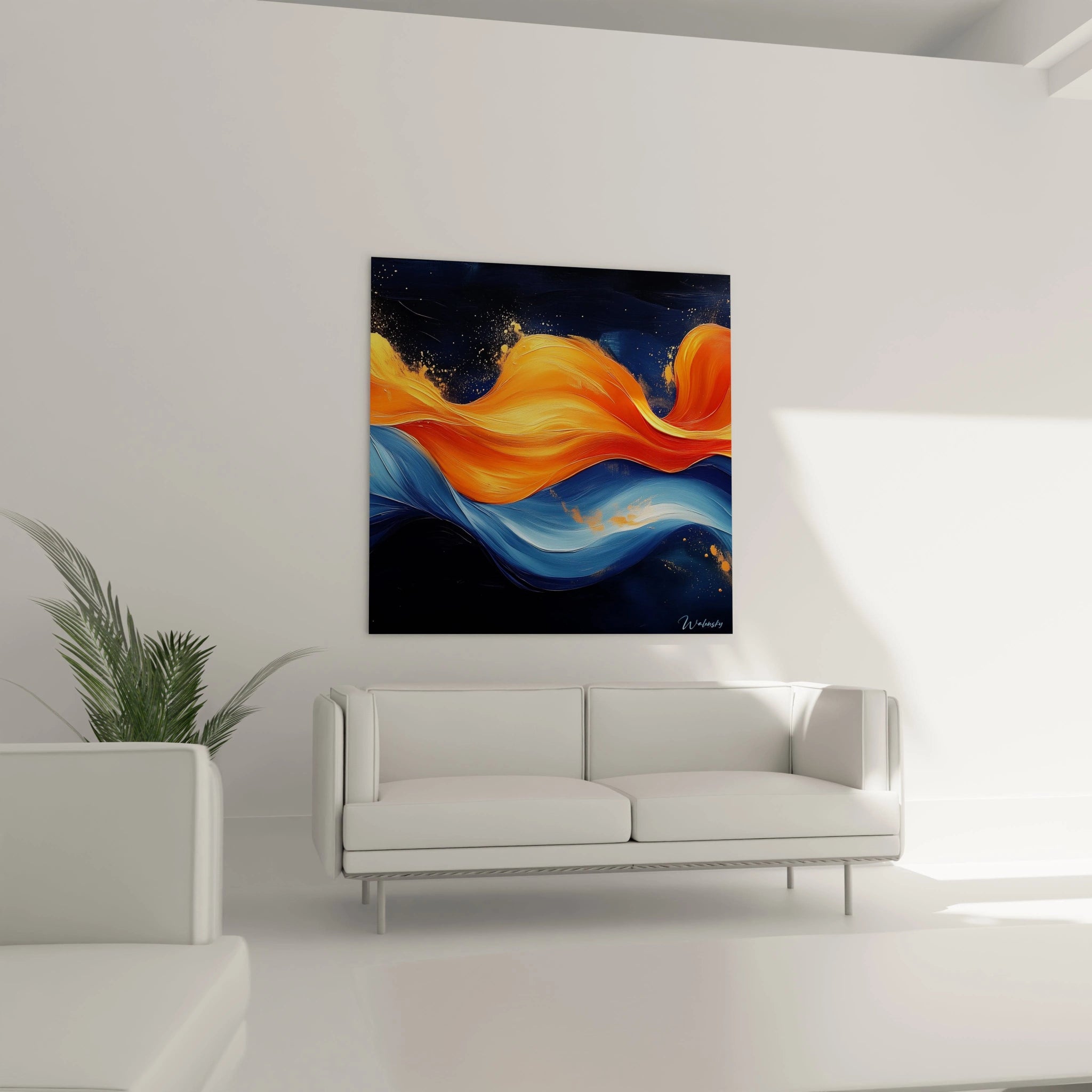 Tableau moderne abstrait de Walensky avec des vagues orange et bleues sur fond noir