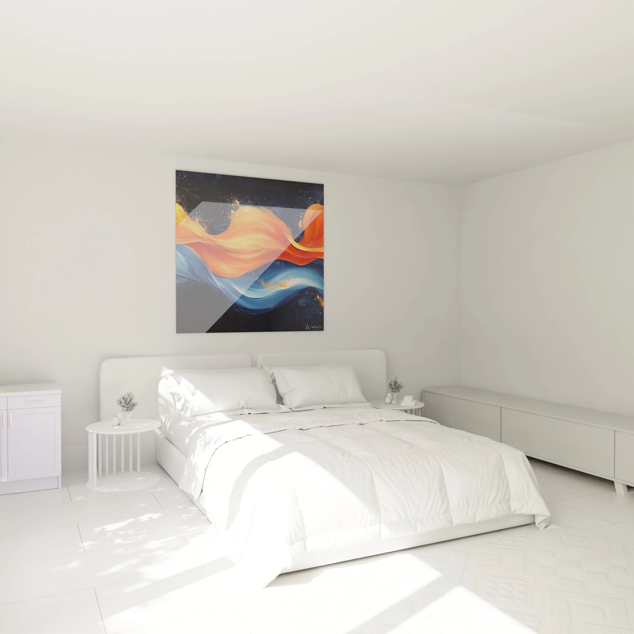 Tableau moderne abstrait Walensky avec des vagues de couleurs chaudes sur fond noir dans une chambre lumineuse