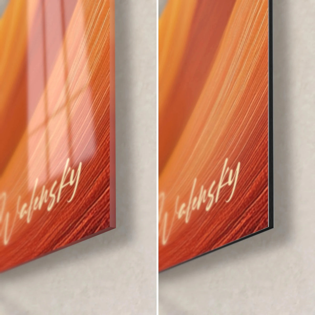 Wall art with abstract orange and carmine layers, bottom right corner: glossy acrylic glass on the left, matte Dibond on the right