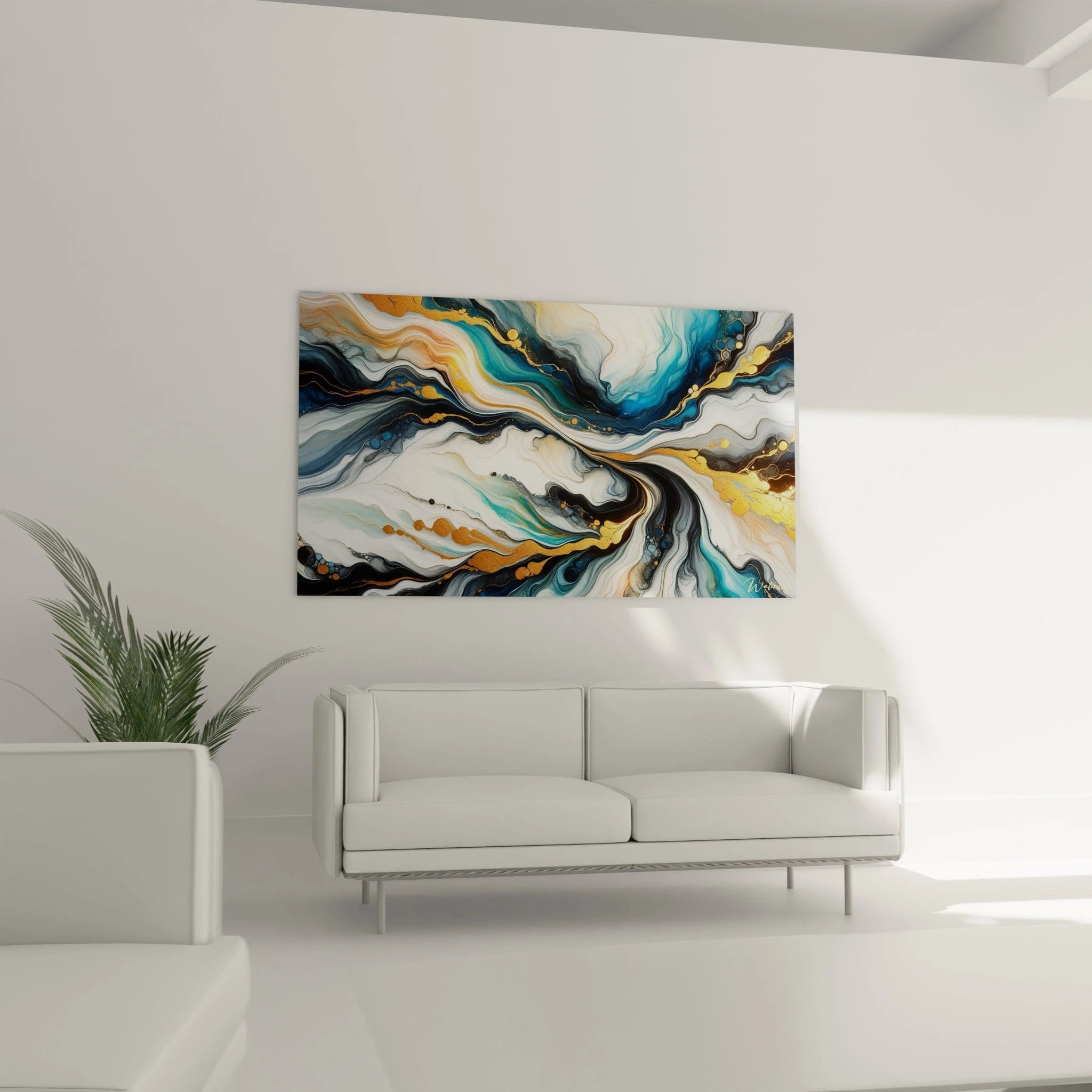 Un tableau abstrait d'art fluide aux mouvements tourbillonnants. Les couleurs principales sont blanc ivoire, bleu azur, noir profond et or brillant. La texture présente des veines fluidiques qui s'entrelacent, des effets de dilution et des éclaboussures dorées métalliques formant des lignes et des cercles contrastant avec les zones translucides.
