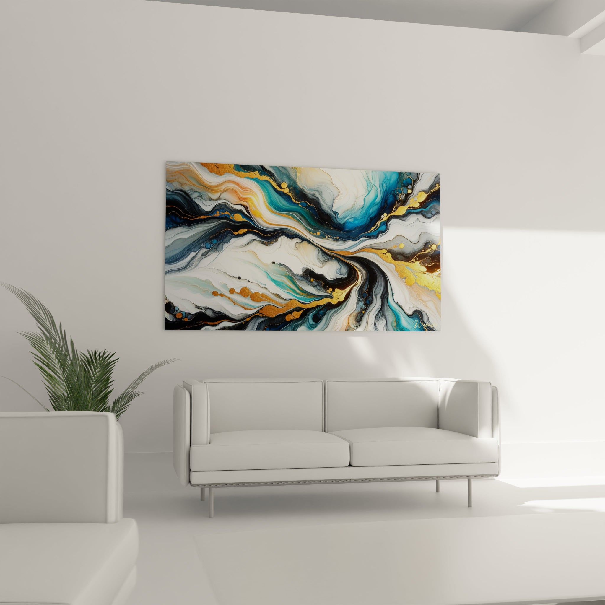 Un tableau abstrait d'art fluide aux mouvements tourbillonnants. Les couleurs principales sont blanc ivoire, bleu azur, noir profond et or brillant. La texture présente des veines fluidiques qui s'entrelacent, des effets de dilution et des éclaboussures dorées métalliques formant des lignes et des cercles contrastant avec les zones translucides.
