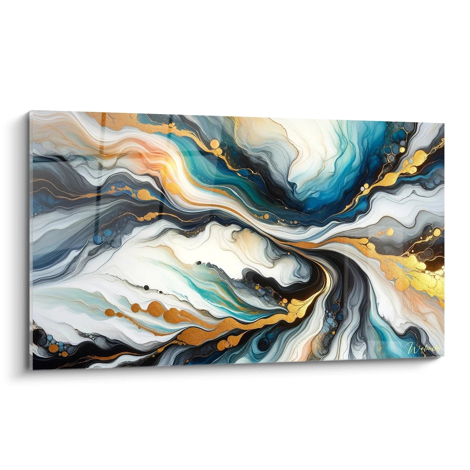 Un tableau abstrait de marbrures fluides aux formes ondulantes. Dominé par des teintes blanc crème, bleu turquoise, noir et or métallisé. La texture liquide présente des veines sinueuses entrelacées, des effets de transparence et des inclusions dorées brillantes formant des îlots et des lignes serpentines.
