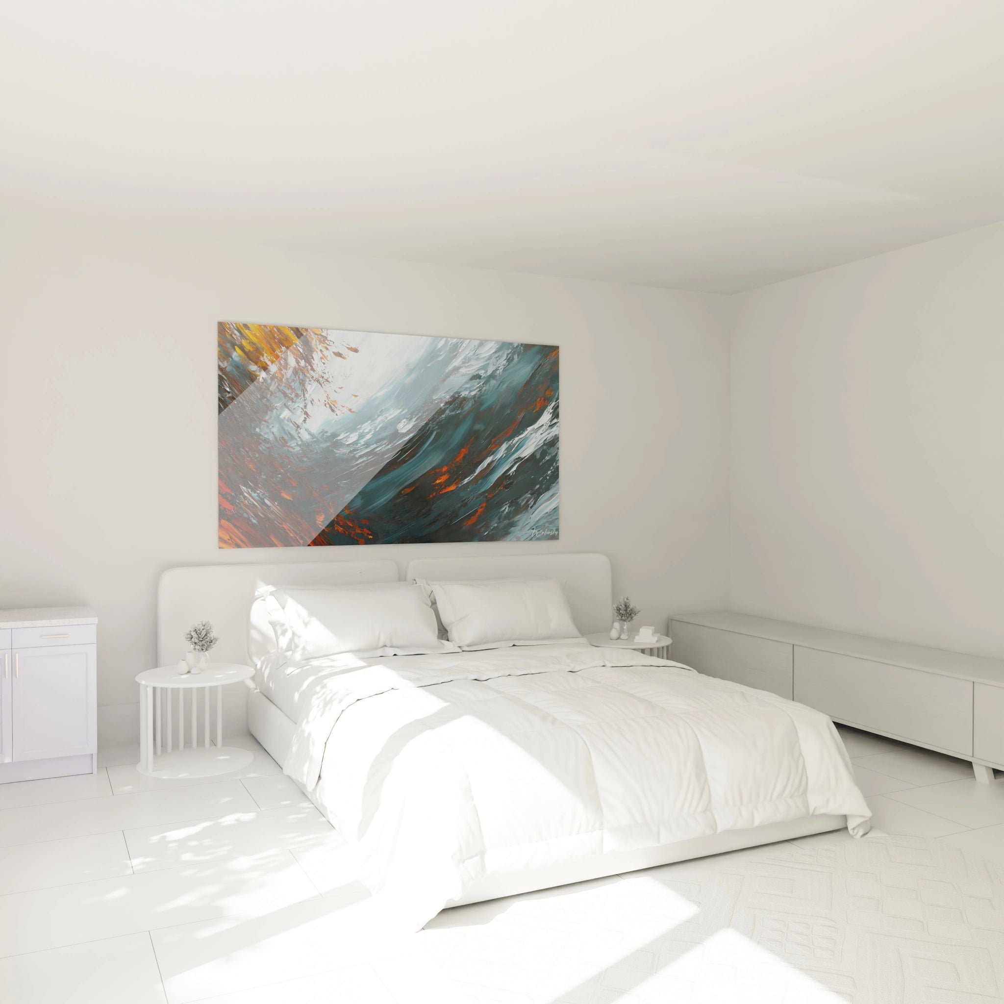 Un tableau vagues dynamique capturant la rencontre entre courants marins bleu-turquoise et éruptions orange-rouge, avec des touches de blanc évoquant l'écume, réalisé en empâtements texturés et coups de pinceau circulaires suggérant un mouvement perpétuel.
