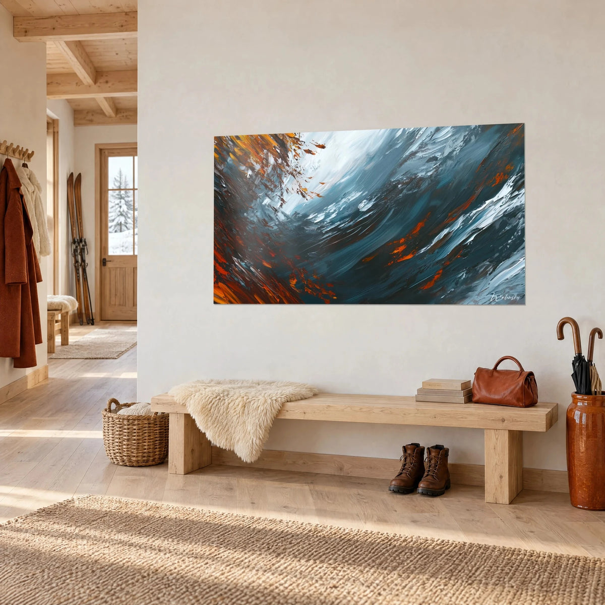Cuadro de remolino de espuma azul grisáceo, destellos rojizos y ámbar arriba a la izquierda, pared clara junto a un banco de madera de chalet