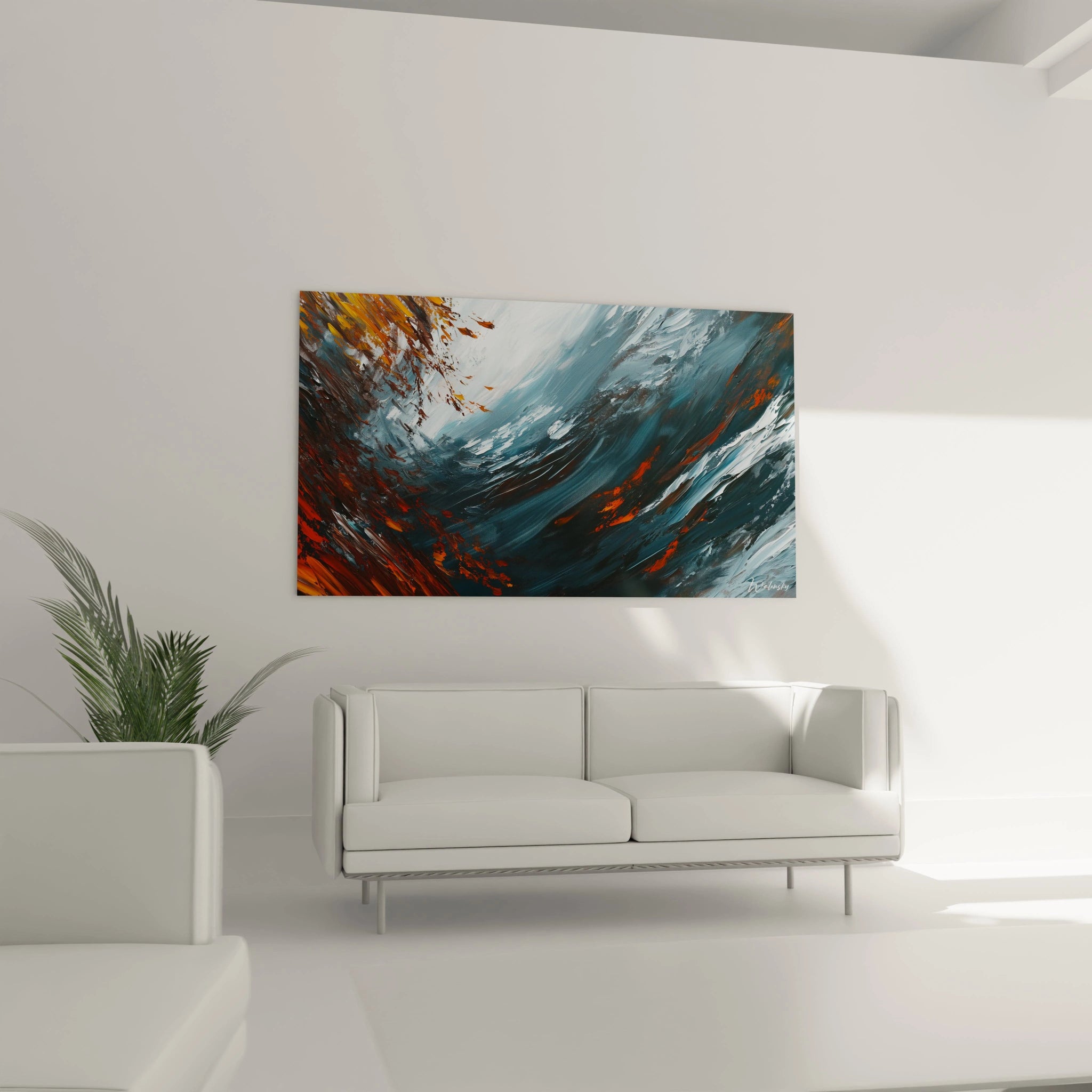 Un tableau océan présentant une composition abstraite tourbillonnante dominée par des bleus profonds contrastant avec des éclats orangés et rougeâtres, aux textures variées et superpositions créant une impression de profondeur et de mouvement continuel des flots.
