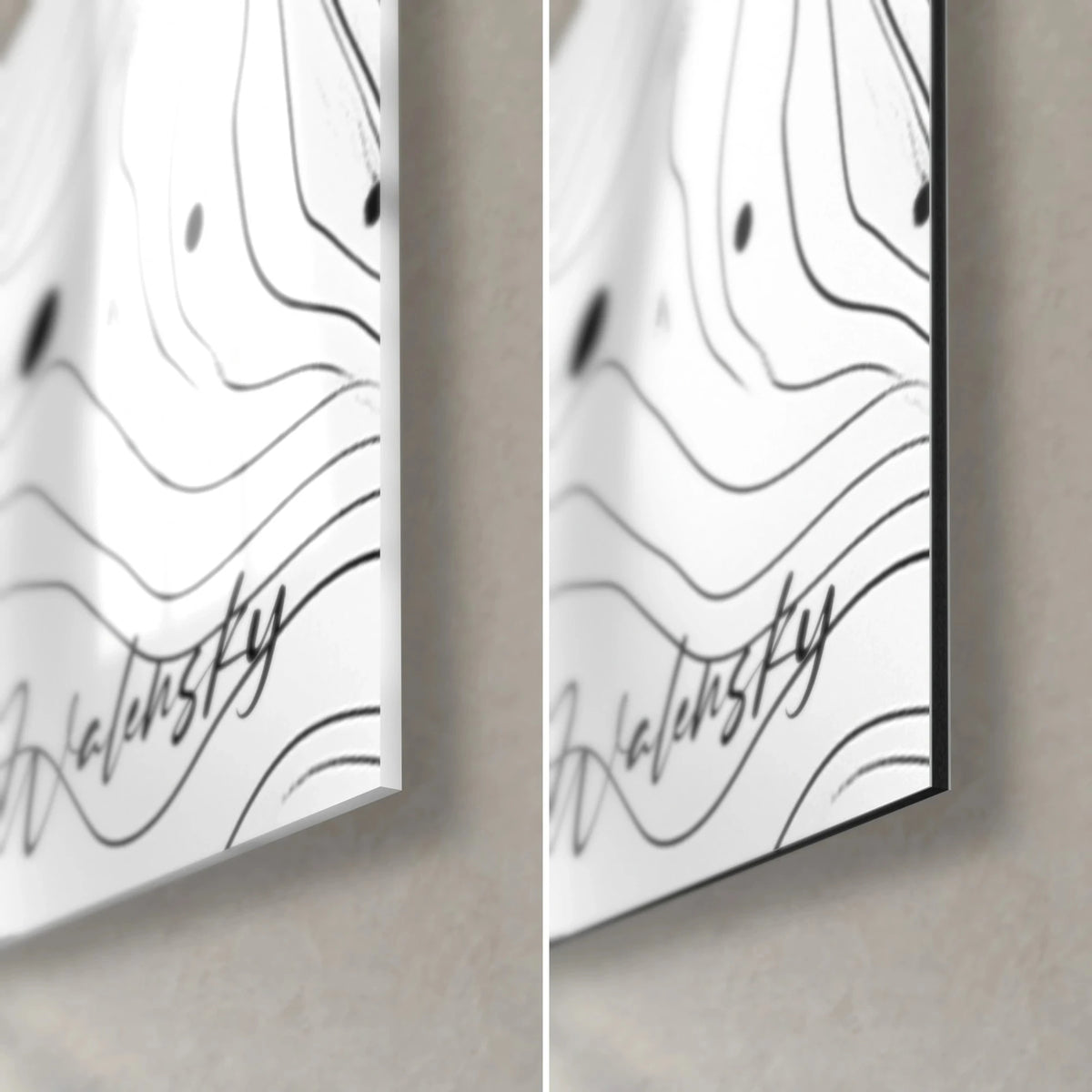 Gemälde marmorierte Reliefstruktur aus schwarzen, gewundenen Linien auf Weiß, untere rechte Ecke, glänzendes Acrylglas links und mattes Dibond rechts, schwarze Kante 3 mm