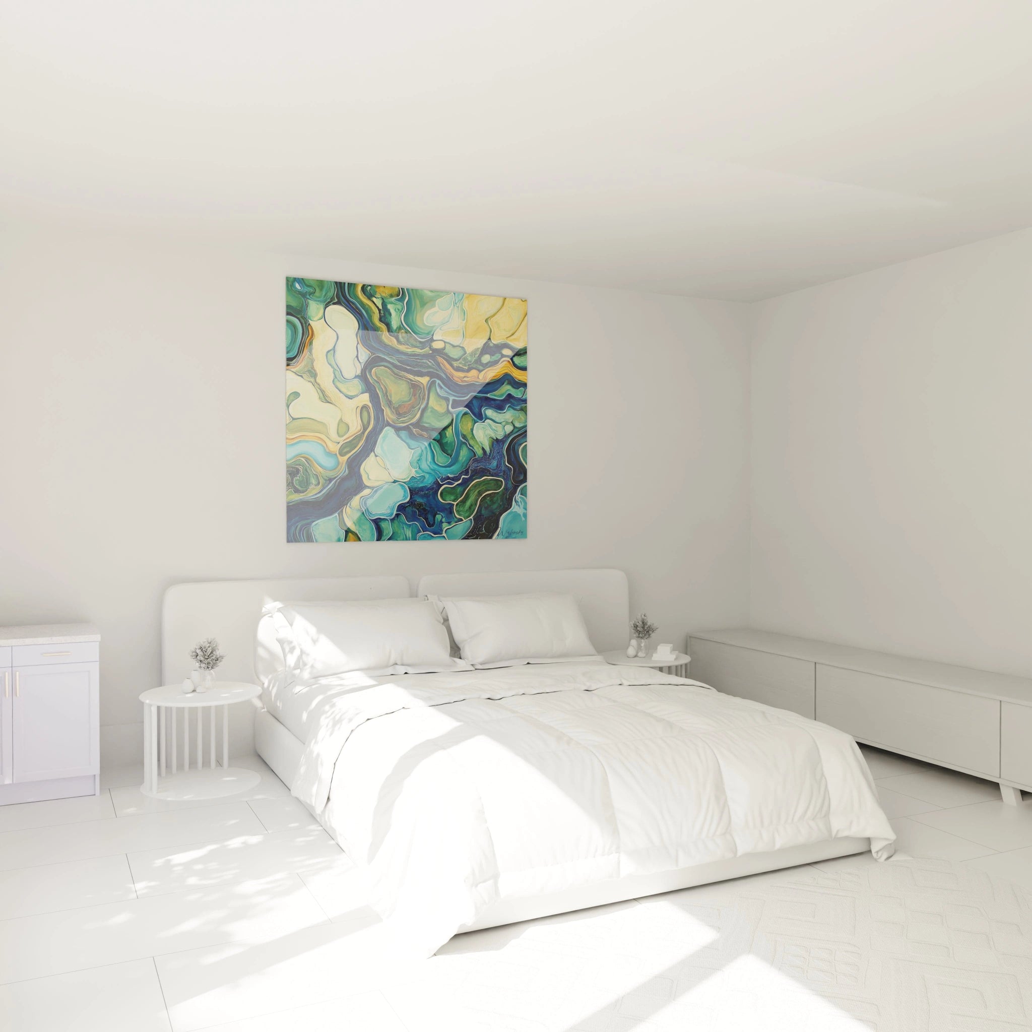 Tableau moderne abstrait de Walensky avec des motifs fluides et des couleurs apaisantes dans une chambre