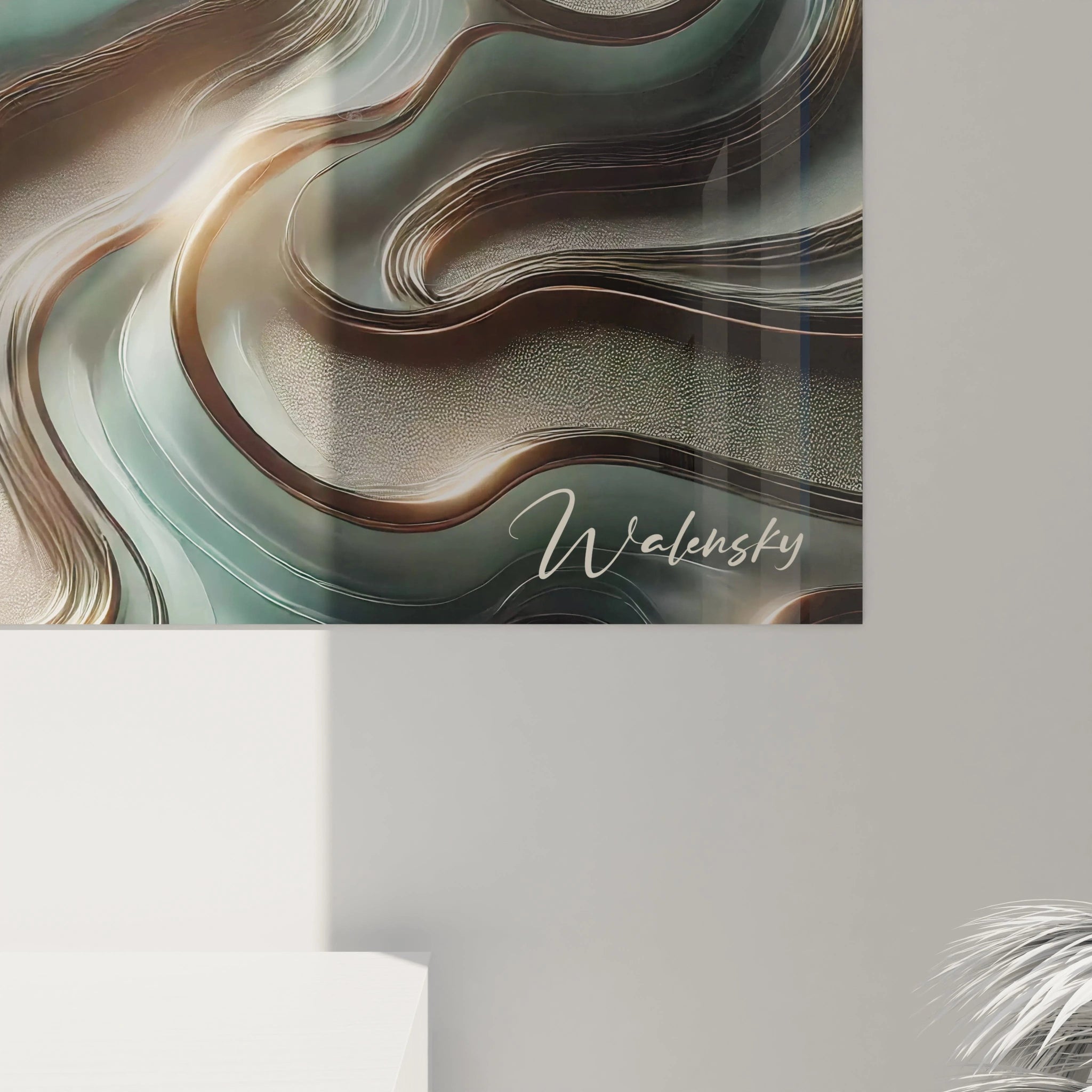 Zoom sur le tableau style epoxy, où les effets de brillance et de texture se mêlent pour reproduire la danse organique de la lumière et des vagues, apportant une sensation de calme et de profondeur infinie.

