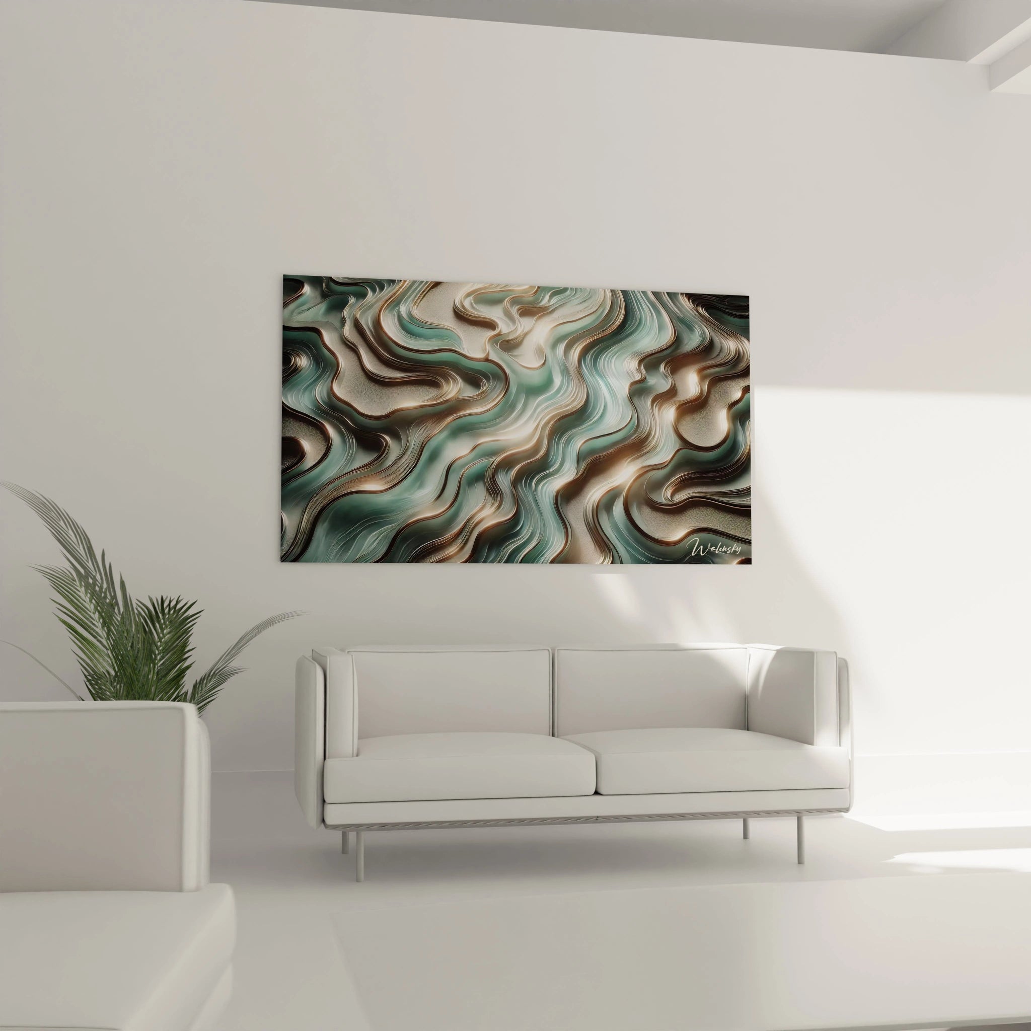 Dans le salon, ce tableau style epoxy trône fièrement au-dessus du canapé, ses teintes métalliques et ses ondulations créent une ambiance contemporaine et lumineuse, offrant profondeur et élégance.

