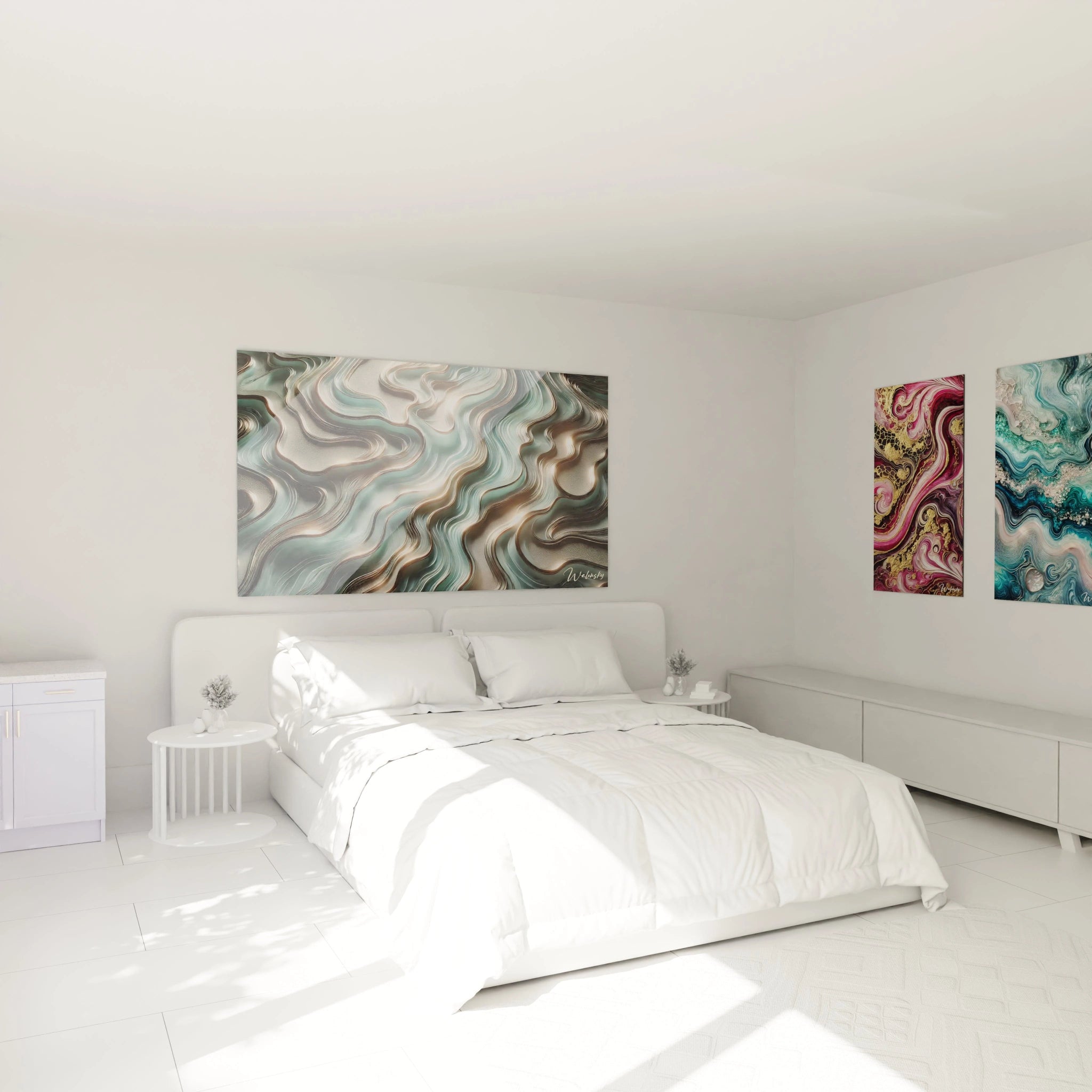 Tableau style epoxy accroché au-dessus du lit, apportant une touche de sérénité à la chambre. Les courbes fluides et les couleurs dorées et bleues illuminent l’espace avec une lumière apaisante.

