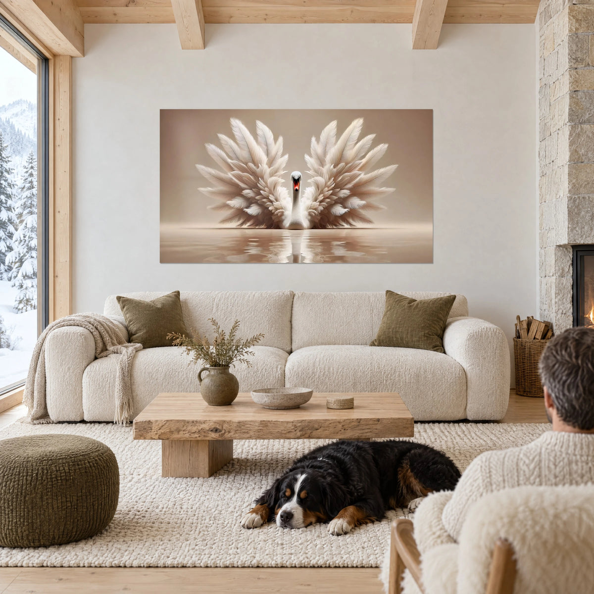 Schilderij witte zwaan met uitgespreide veren vleugels, taupe beige achtergrond, zwarte hond slapend voor een bank in een lichte woonkamer