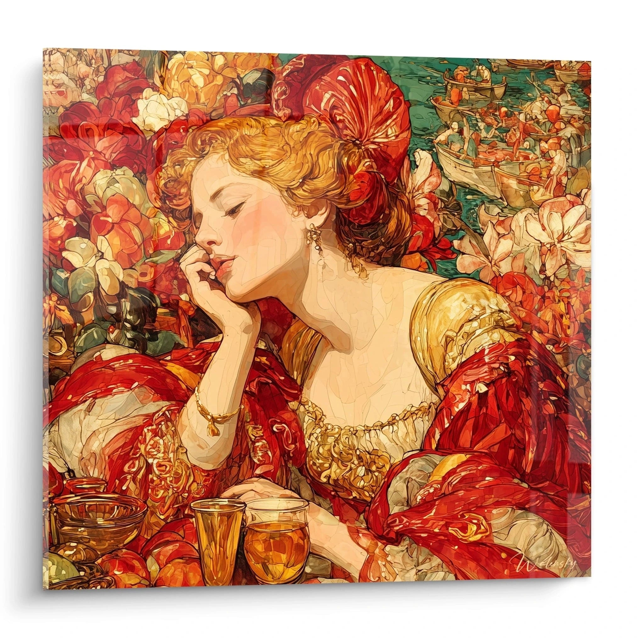 Tableau mural Walensky femme en robe rouge dans décor floral et coupes dorées tableau renaissance italienne