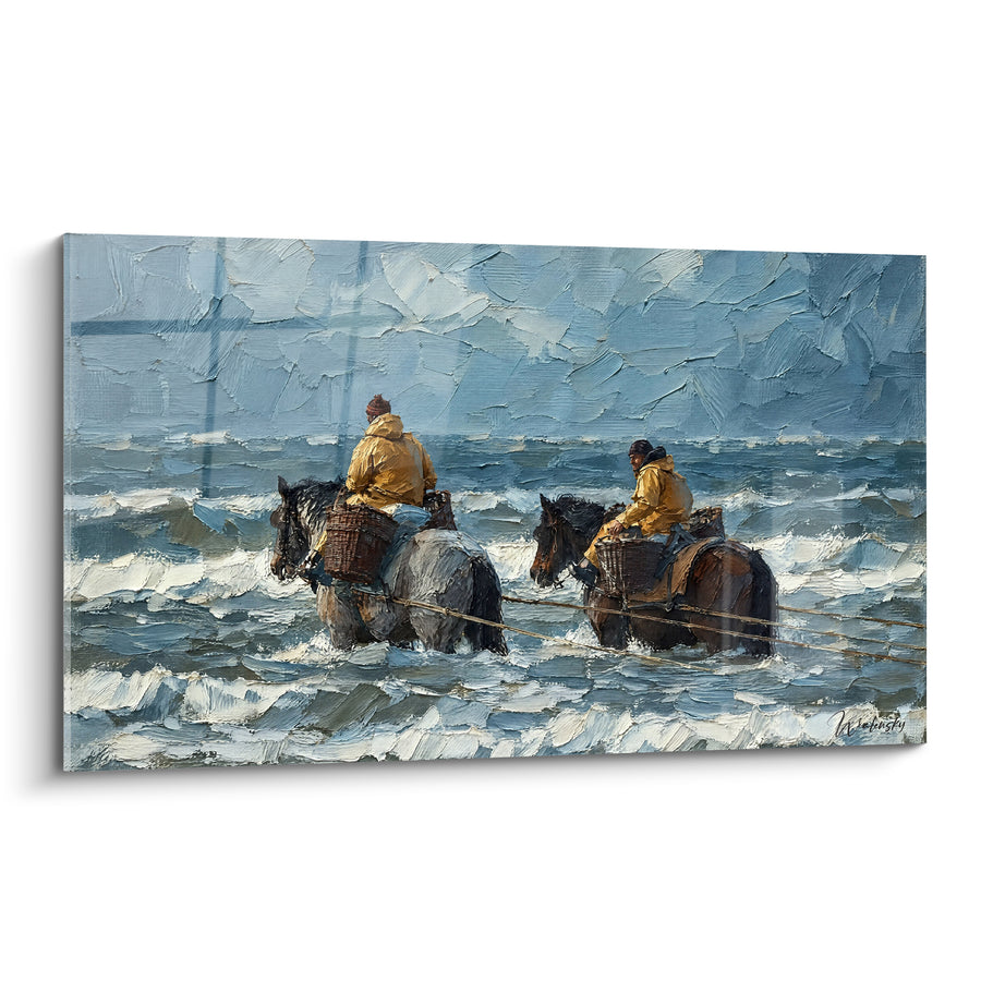 Painting Horse Fishermen in the Grey Sea - Tradition of the Waves - Coxyde Flemish Region Belgium Edition