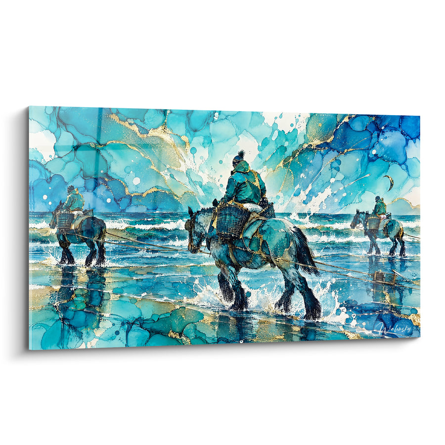 Painting Horsemen Fishing in Turquoise Waves - Crossing the Waters - Coxyde Edition Flemish Region Belgium