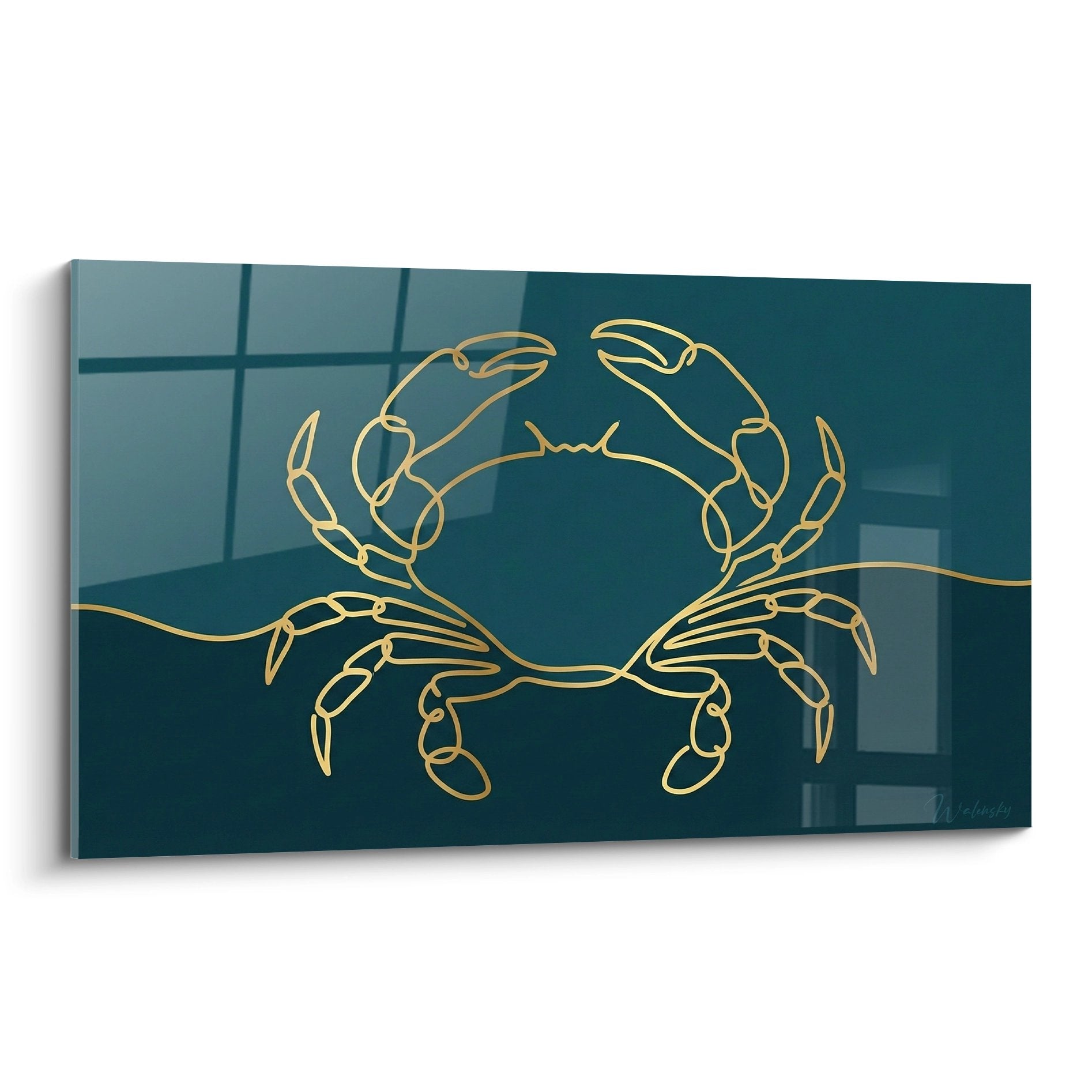Wandgemälde goldener Krebs in kontinuierlichen Linien auf blauem Ozean-Farbverlauf Hintergrund moderner minimalistischer Kunststil