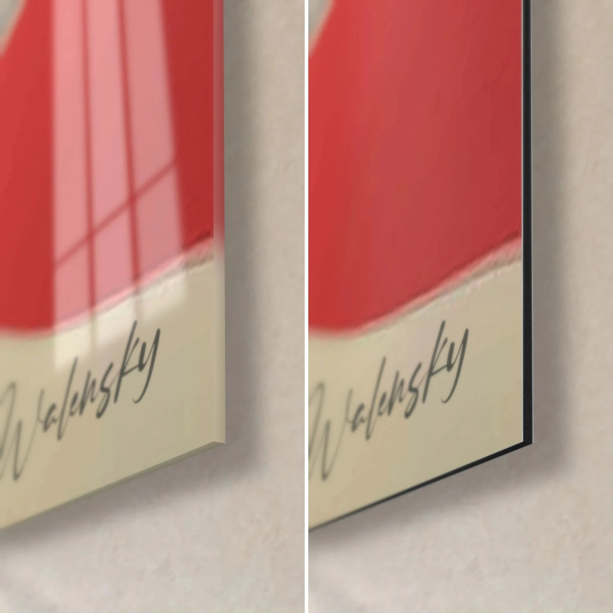 Schilderij doodshoofd met koraalkleurige lippen, rechtsonder: glanzend glas links, mat Dibond rechts, 3 mm rand
