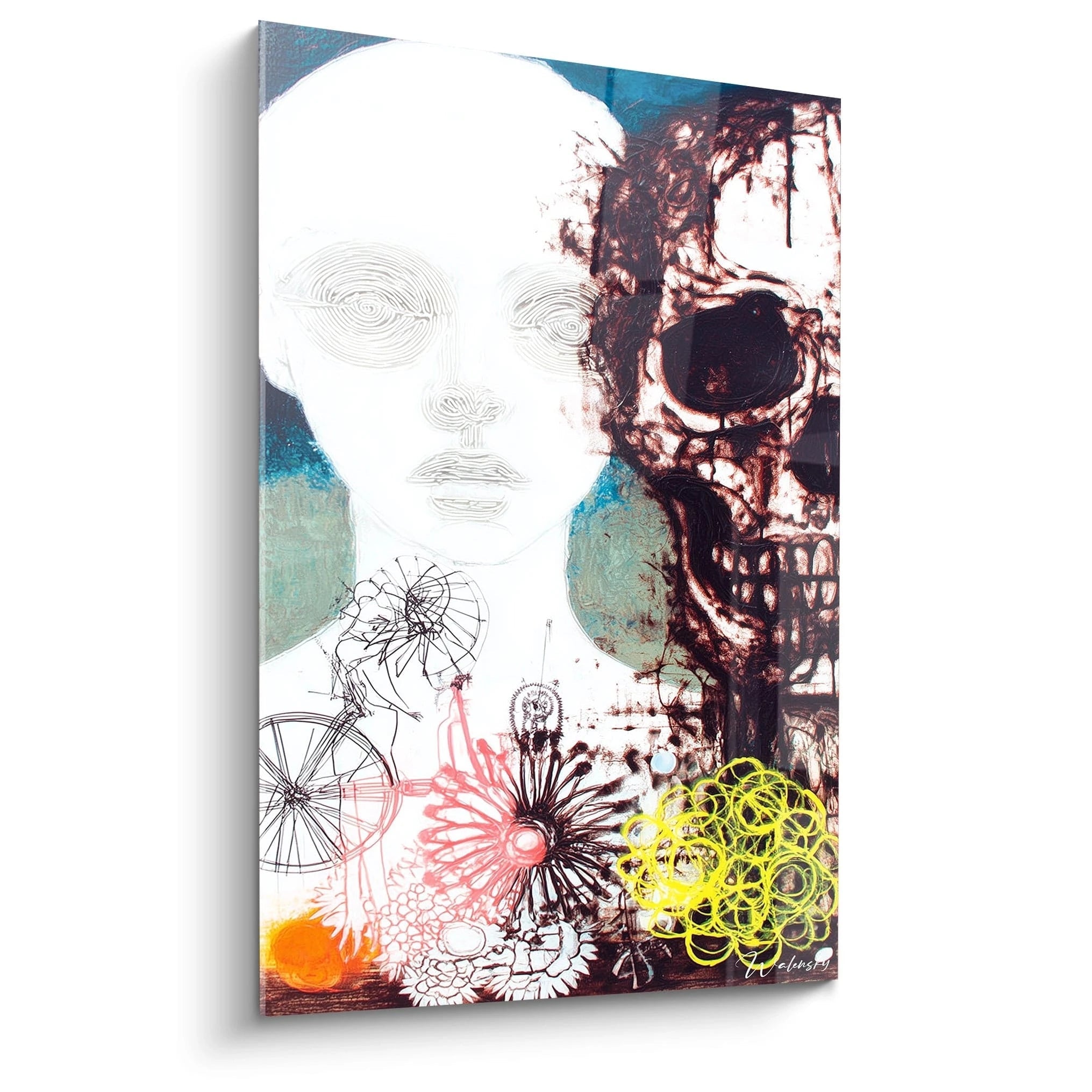Tableau Walensky montrant visage moitié humain moitié crâne avec fleurs vélo couleurs tableau vanité crâne décoration murale