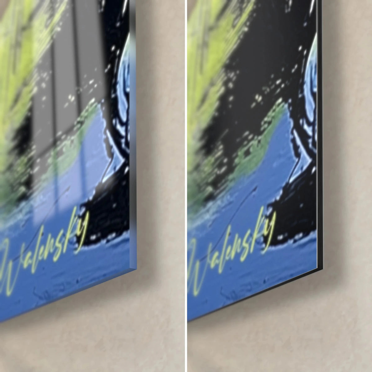 Tableau crâne en peinture épaisse, coin bas droit : signature jaune sur bleu, verre brillant et Dibond mat, tranche 3 mm