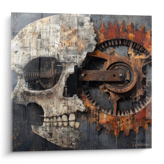 Tableau mural crâne mécanique avec engrenages rouillés art industriel steampunk décoratif