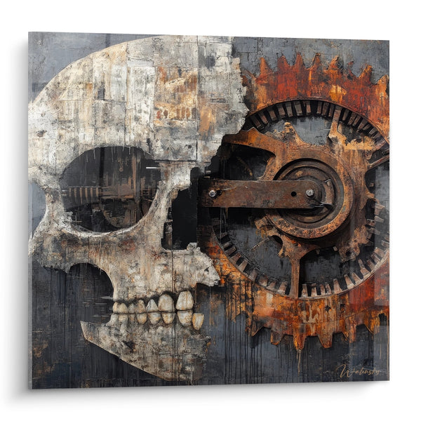 Tableau crâne mécanique - Fusion entre mort et technologie - édition machines et engrenages