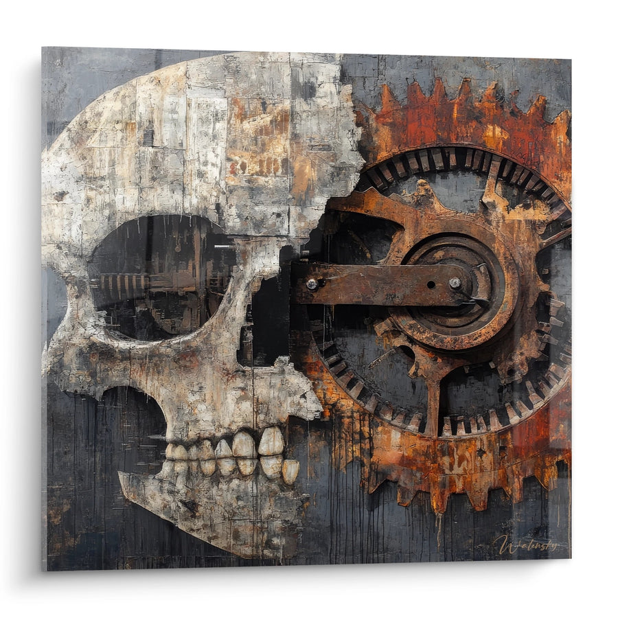 Tableau crâne mécanique - Fusion entre mort et technologie - édition machines et engrenages