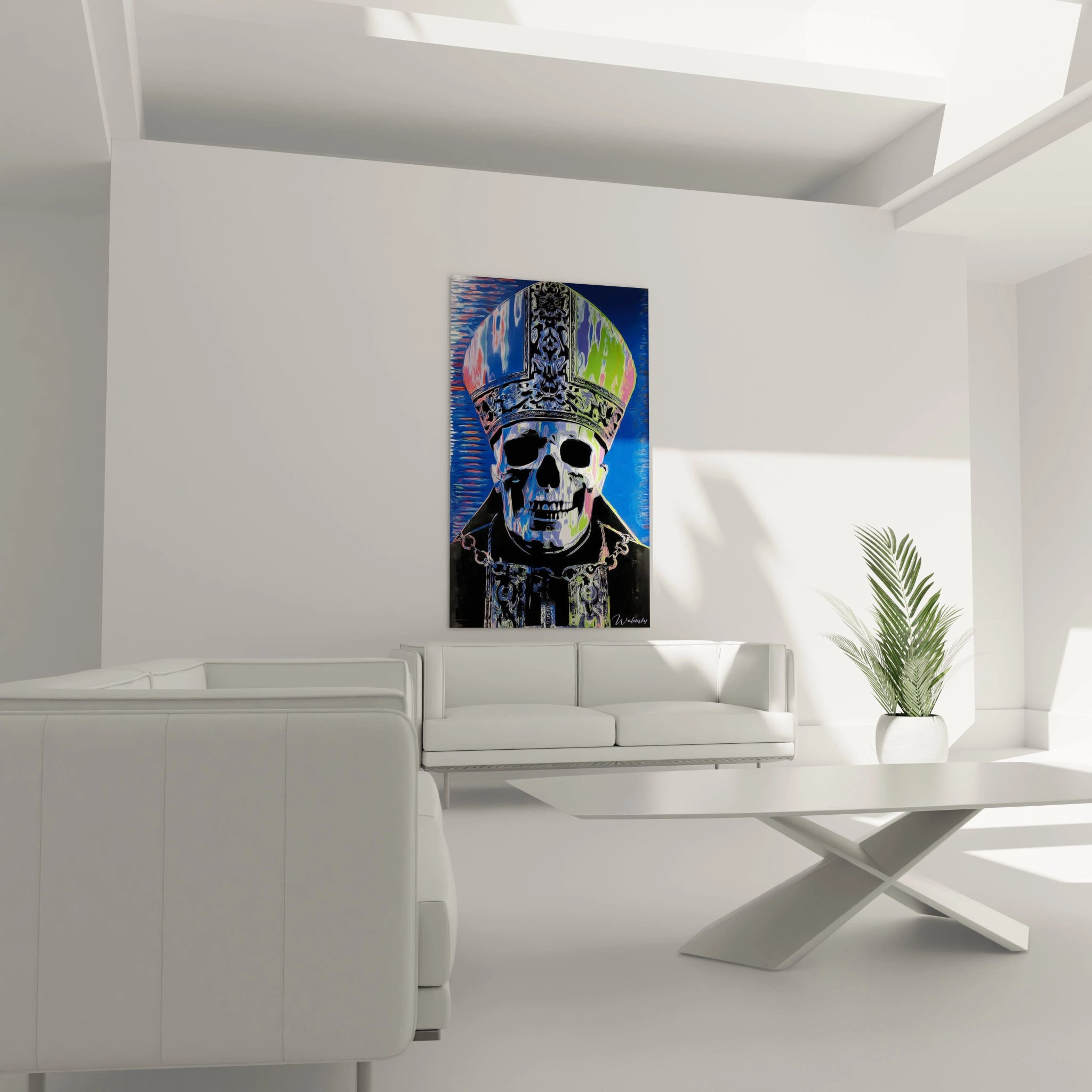 Tableau mural contemporain tableau crâne papal par Walensky montrant un crâne papal coloré sur fond bleu