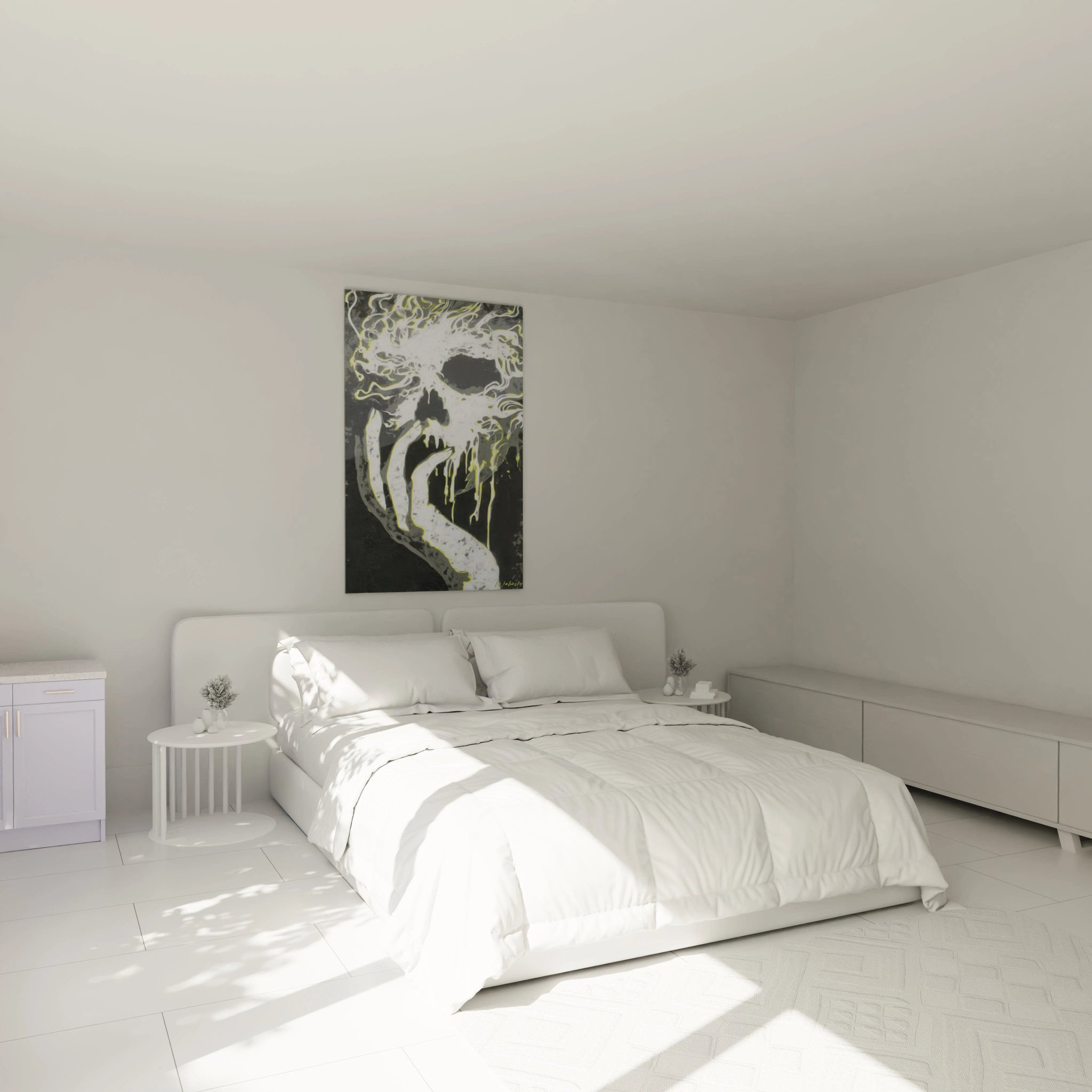 Walensky tableau art crâne contemporain noir et blanc avec touches vertes au dessus d un lit chambre minimaliste