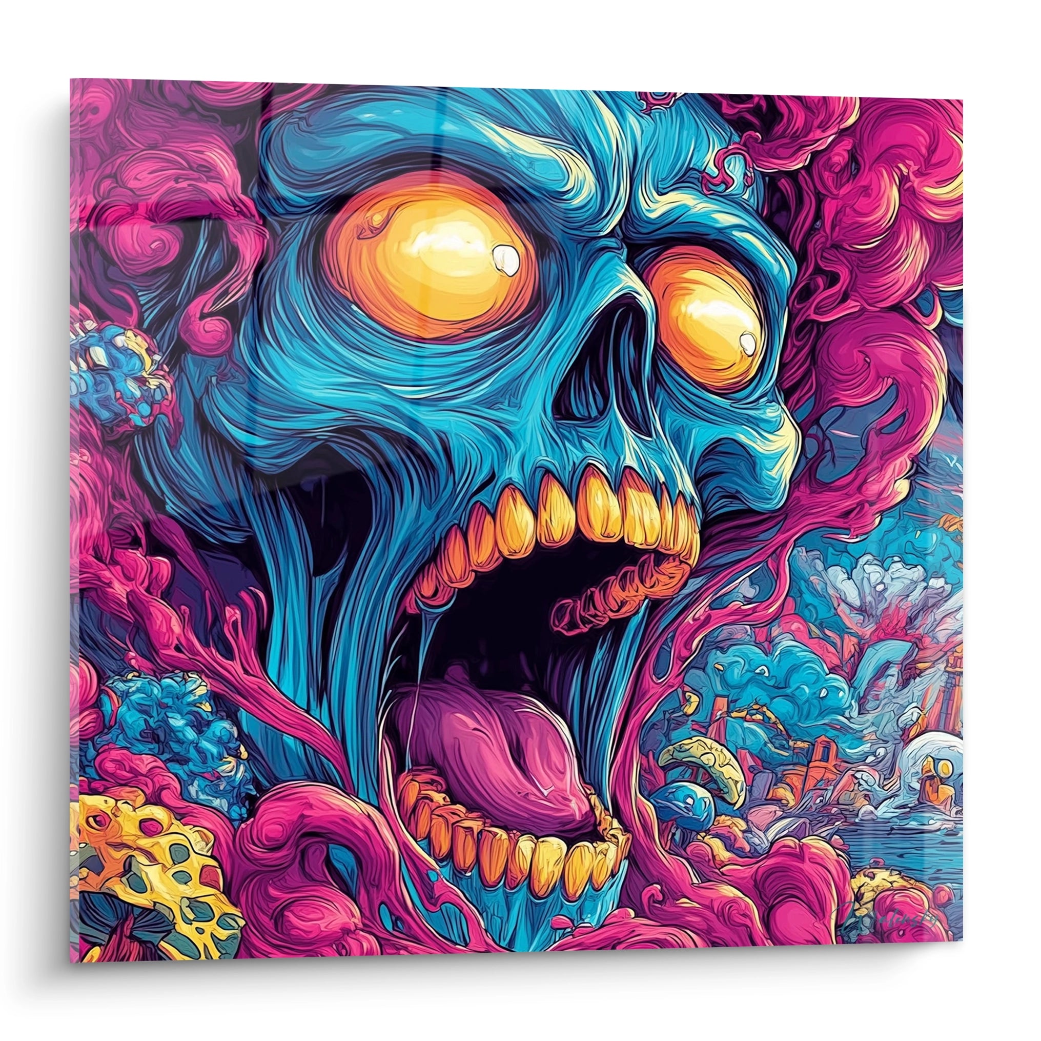 Tableau mural crâne psychédélique coloré aux tons turquoise et roses, art moderne digital pour décoration murale