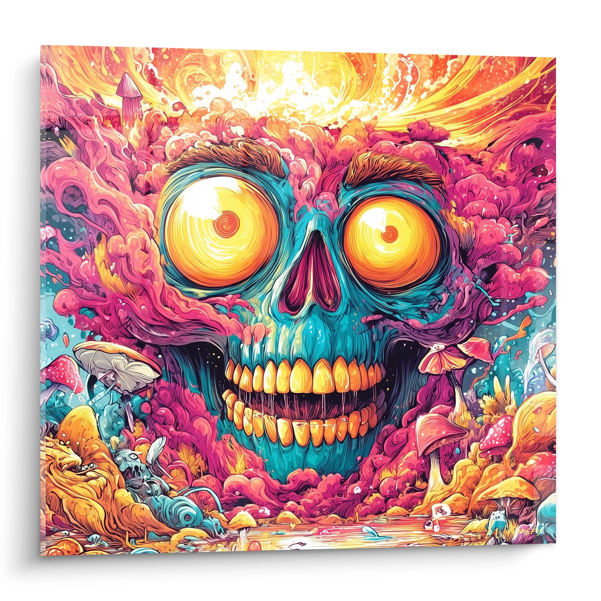 Tableau mural crâne psychédélique aux couleurs vibrantes avec champignons et explosion de nuages colorés roses