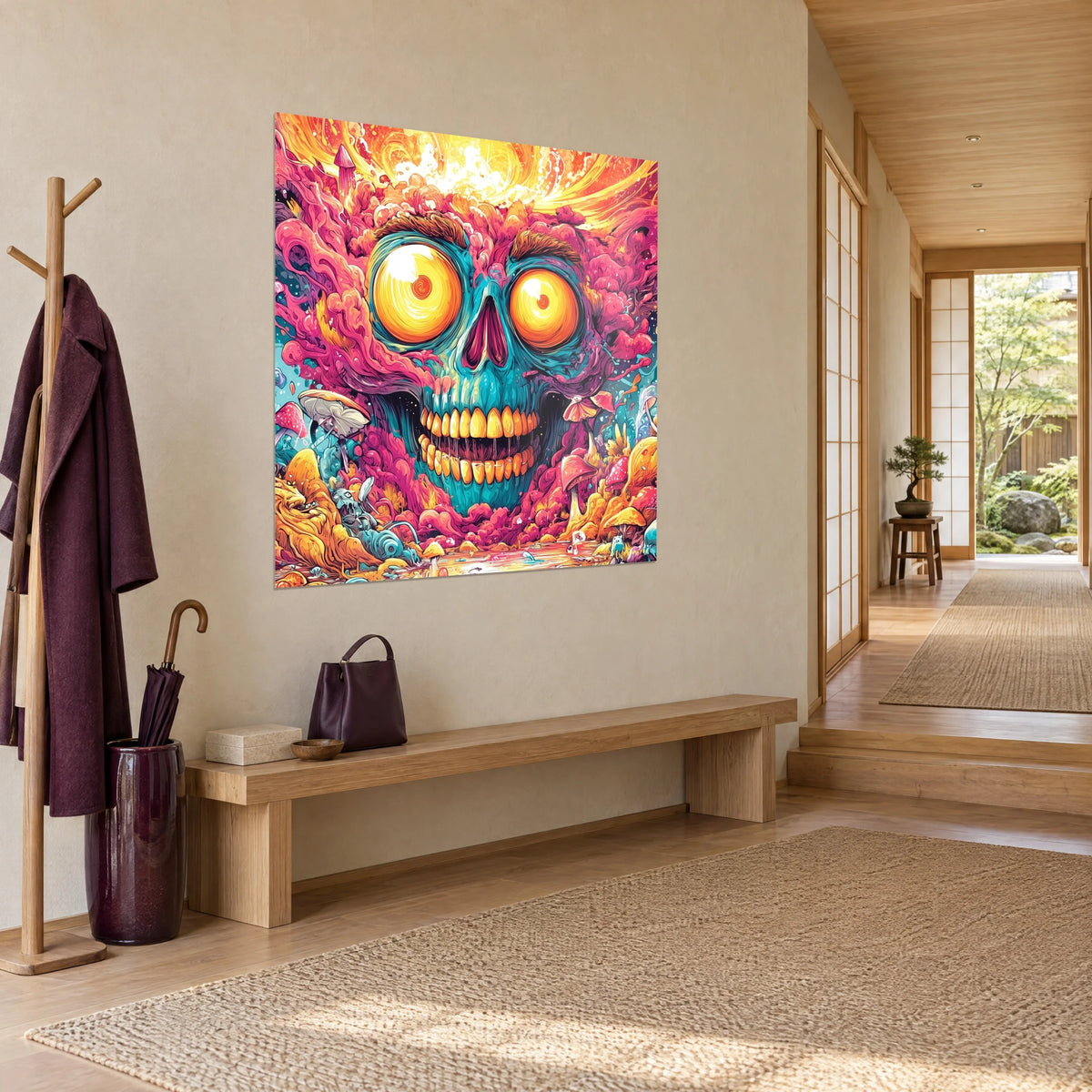 Cuadro calavera psicodélica con dientes dorados y volutas magenta sobre fondo naranja, colgado en un pasillo japandi