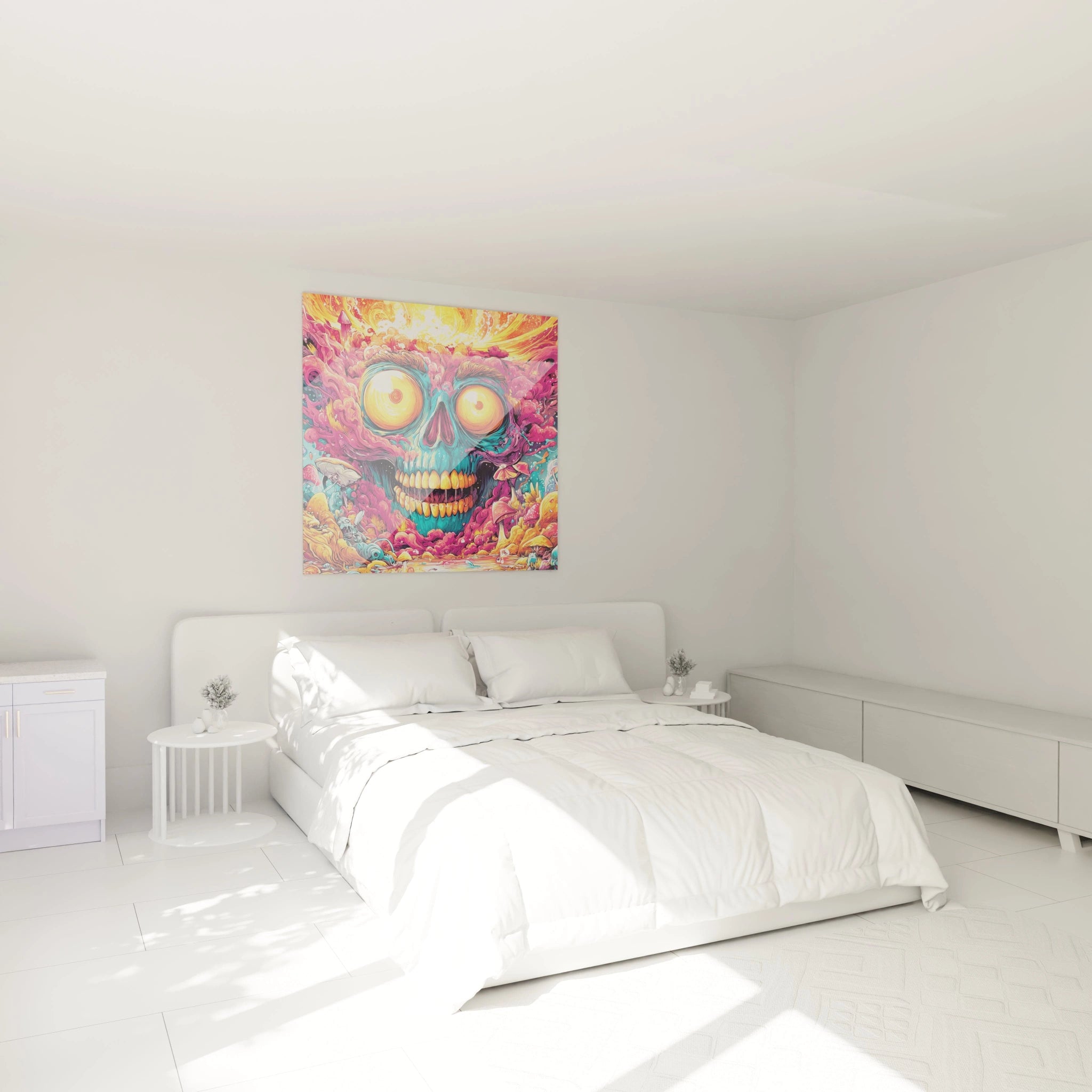 Décoration chambre avec tableau crâne psychédélique multicolore créant ambiance artistique moderne
