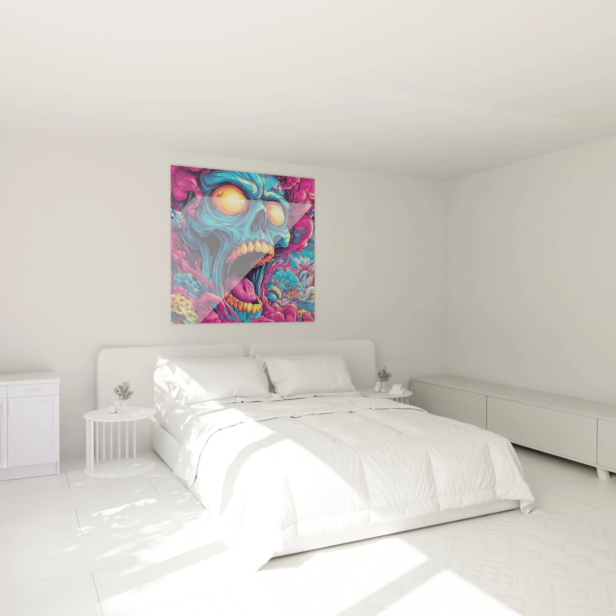 Décoration chambre avec tableau crâne psychédélique coloré, ambiance moderne et artistique pour intérieur contemporain