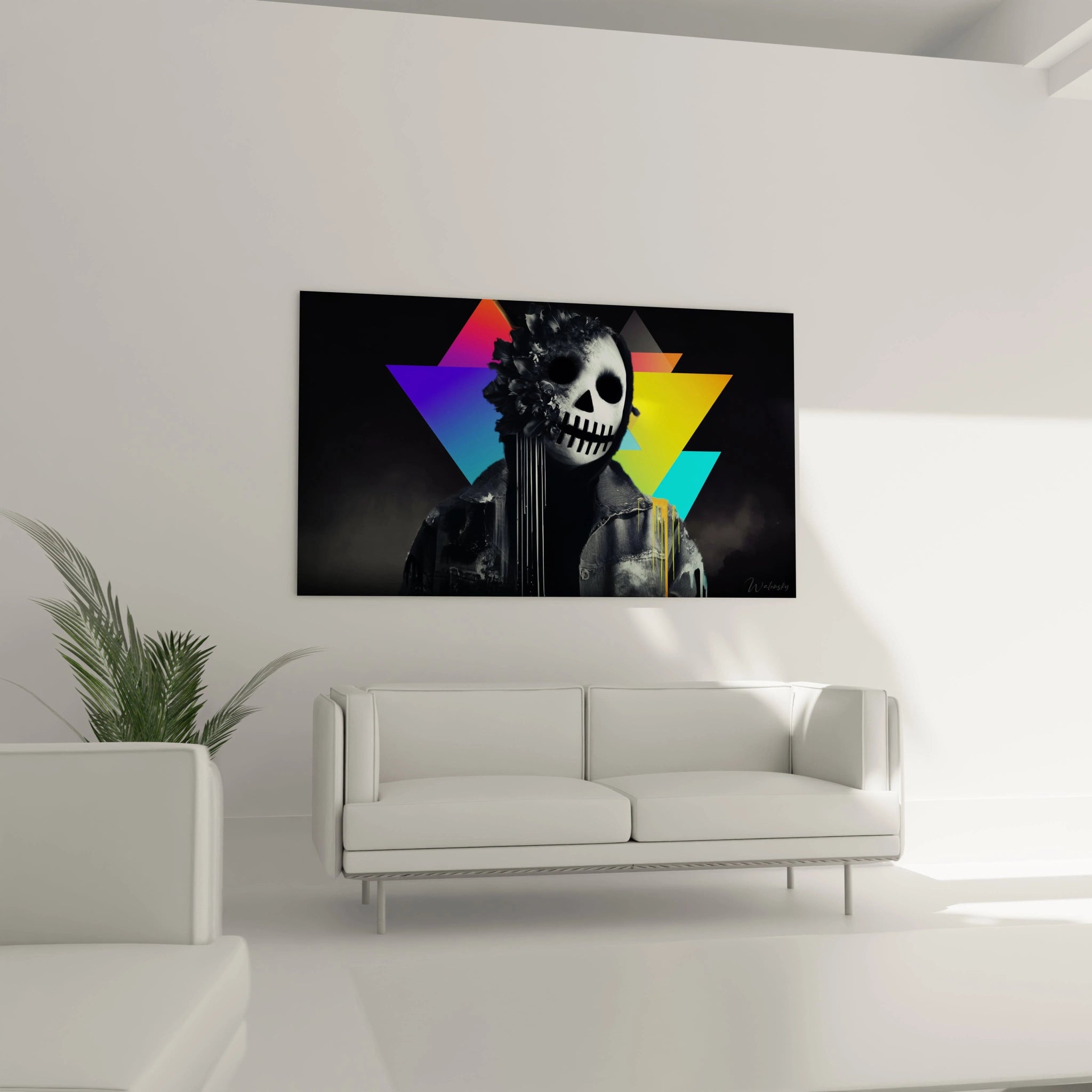 Tableau Walensky tableau crâne design halloween mural noir avec crâne stylisé et triangles colorés accroché au dessus d un canapé