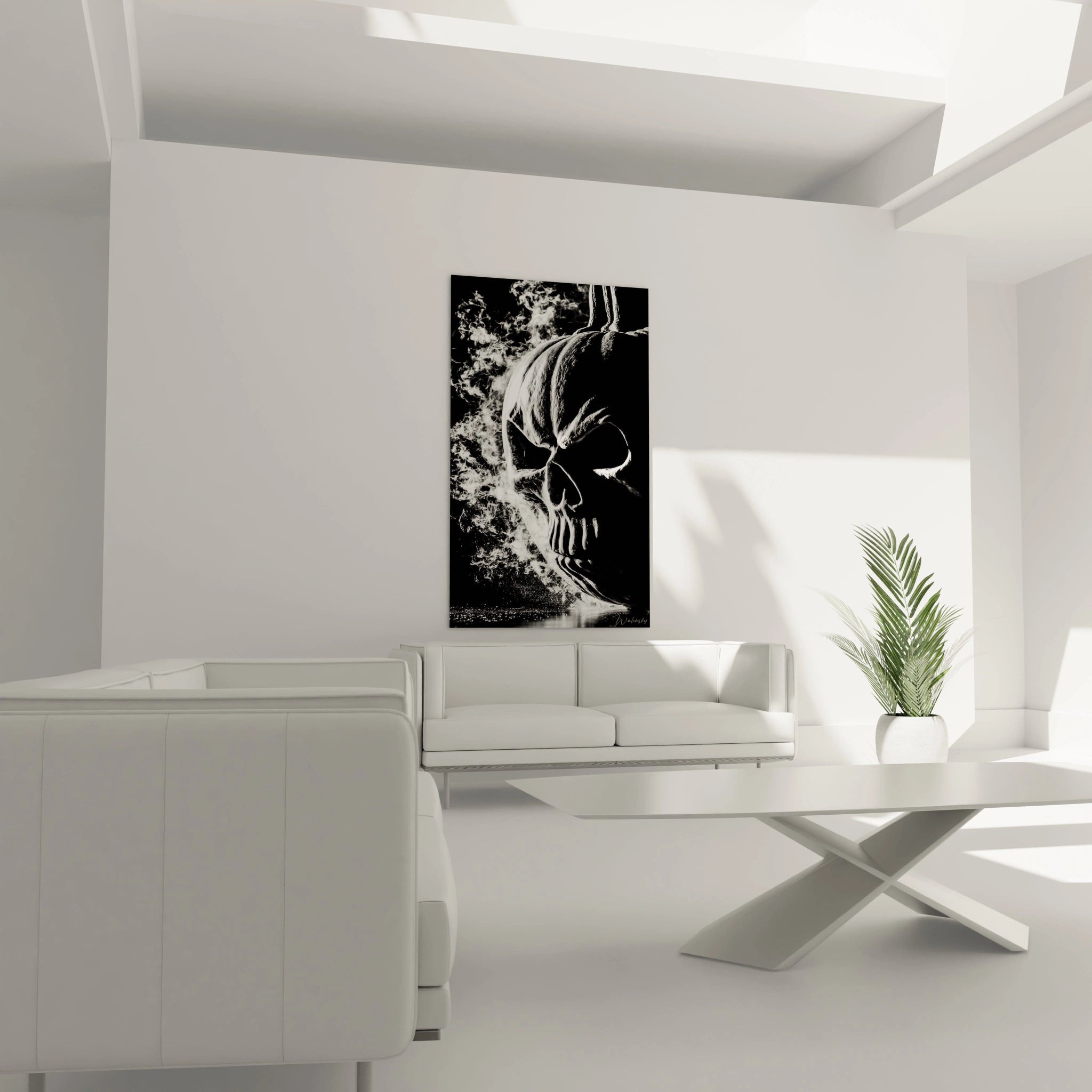 Tableau mural Walensky accroche dans un salon minimaliste montrant un portrait colore d un homme tag tableau crâne halloween
