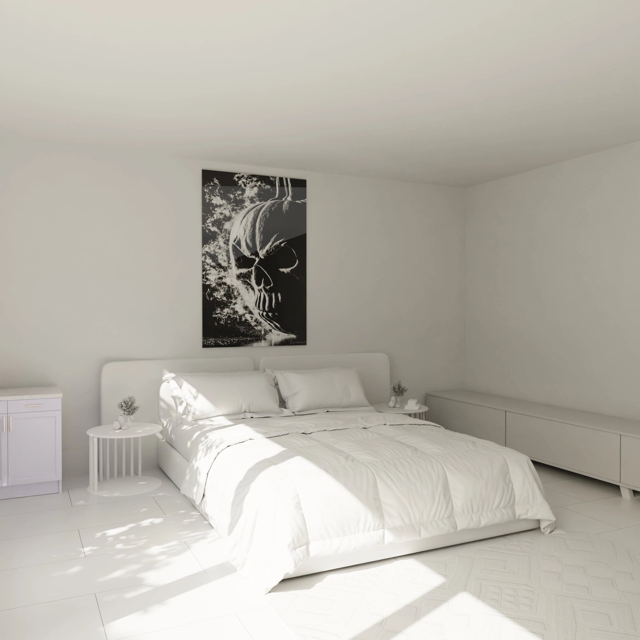 tableau crâne halloween Walensky accroché au dessus d un lit blanc moderne dans une chambre minimaliste