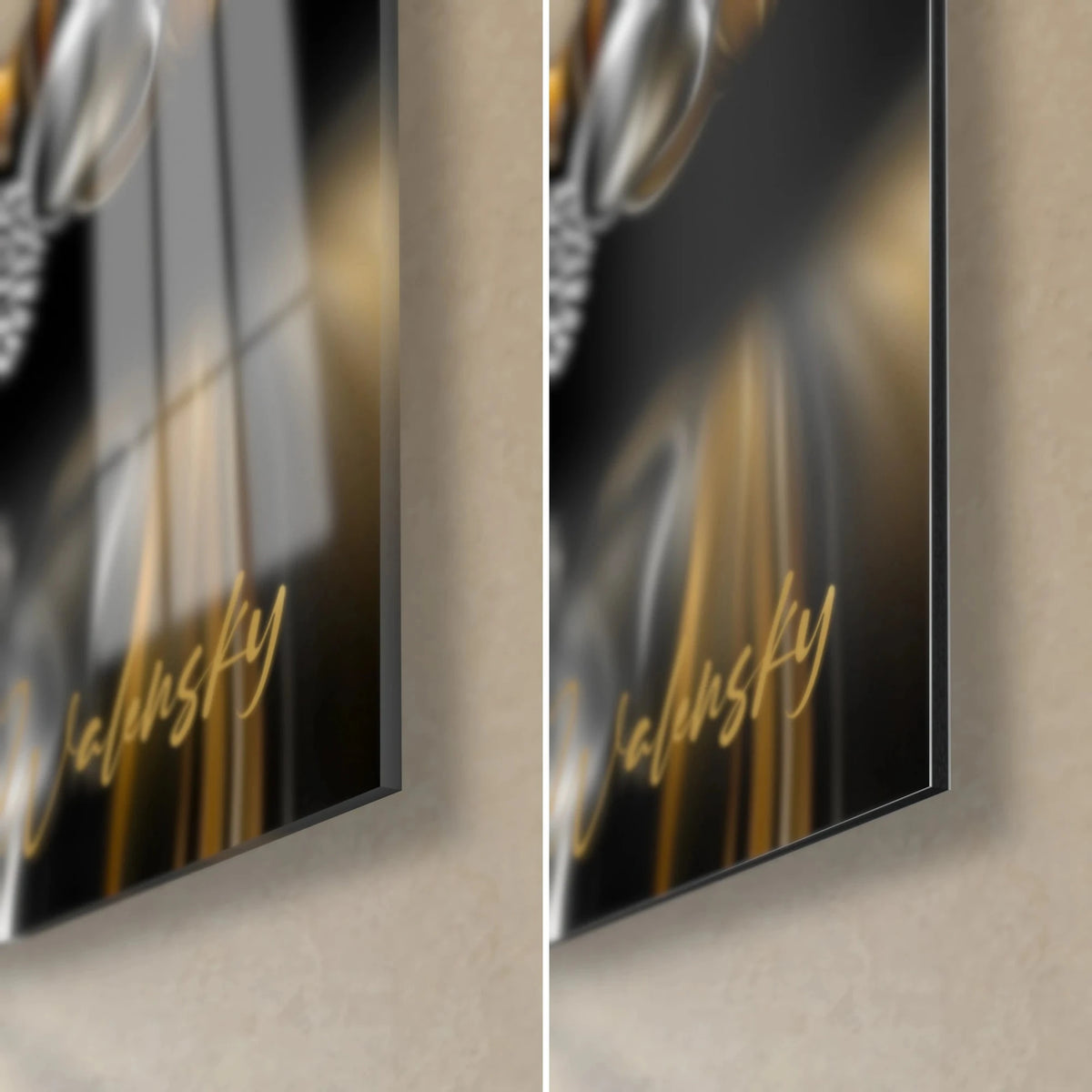 Cuadro calaveras en negro y oro, esquina inferior derecha: cristal acrílico brillante con reflejos a la izquierda, aluminio Dibond mate a la derecha, canto de 3 mm