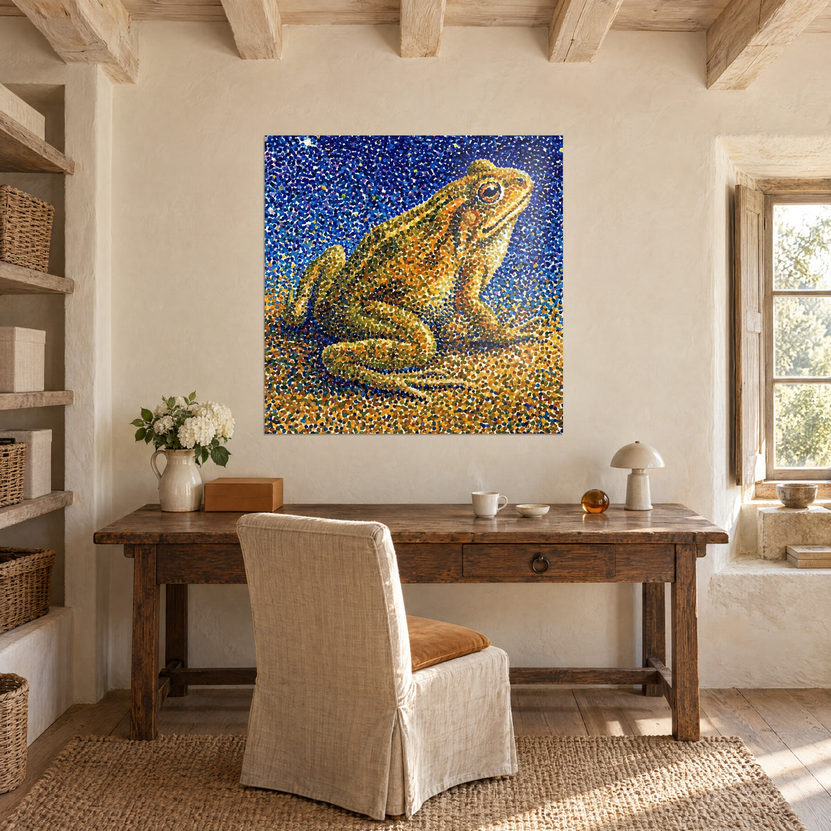 Quadro rospo bitorzoluto in punti giallo miele e blu navy, appeso sopra una scrivania in legno, parete di calce bianca