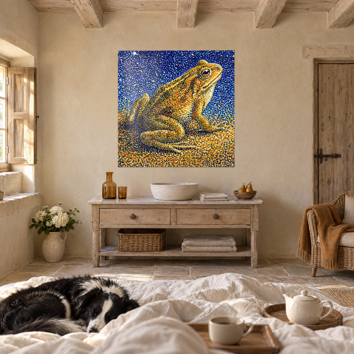 Quadro anfibio in mosaico di punti ambra e indaco, collie sdraiato sul letto, sopra un letto in una camera luminosa