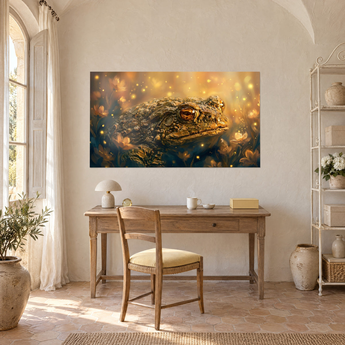 Tableau crapaud à l'œil ambre rayonnant, texture épaisse vert-brun, bokeh doré, accroché au-dessus d'un bureau en bois clair