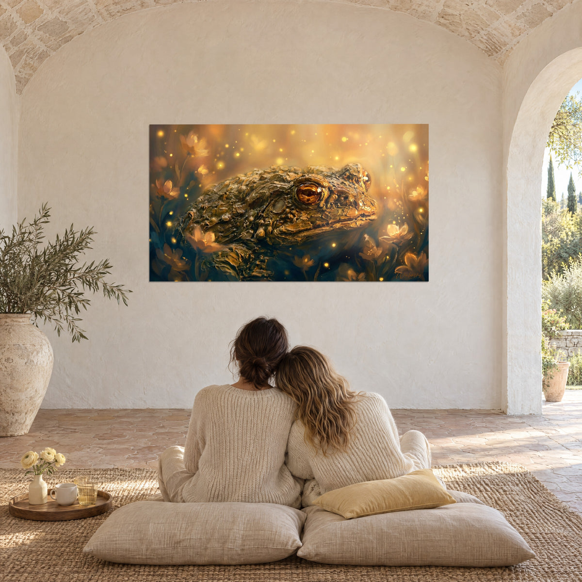 Tableau crapaud majestueux sur fond ambre et bleu marine, fleurs dorées en lumière, couple enlacé de dos sous une voûte blanche
