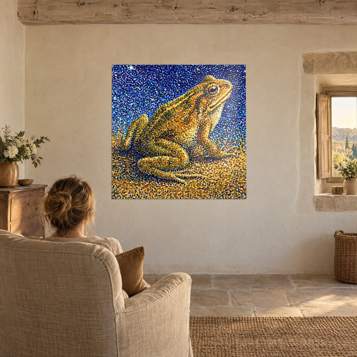 Quadro rospo di profilo con occhi cerchiati di arancio, tessere dorate e blu, donna di spalle su una poltrona in lino color crema