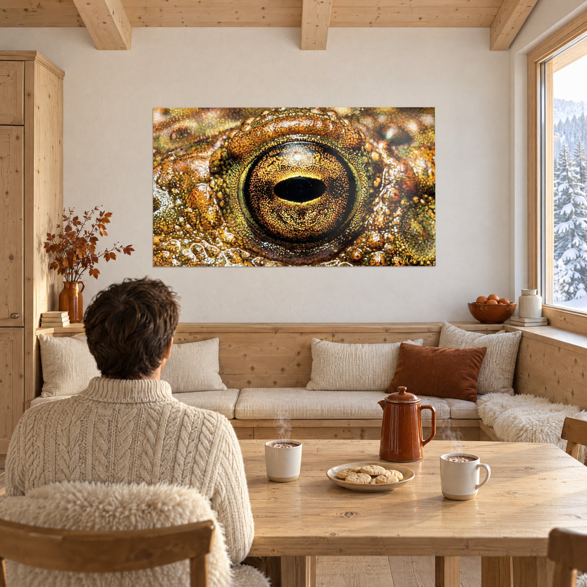 Wall art granular eyeball of the amphibian, golden yellow beads on russet brown ground, in a dining corner beside a glass door