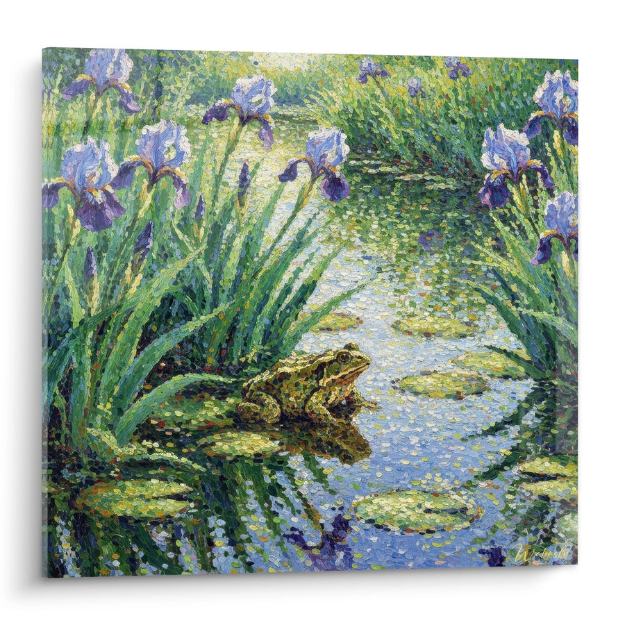 Tableau Crapaud sur Nénuphar dans Étang aux Iris Violets - Symphonie Aquatique - Edition Crapaud