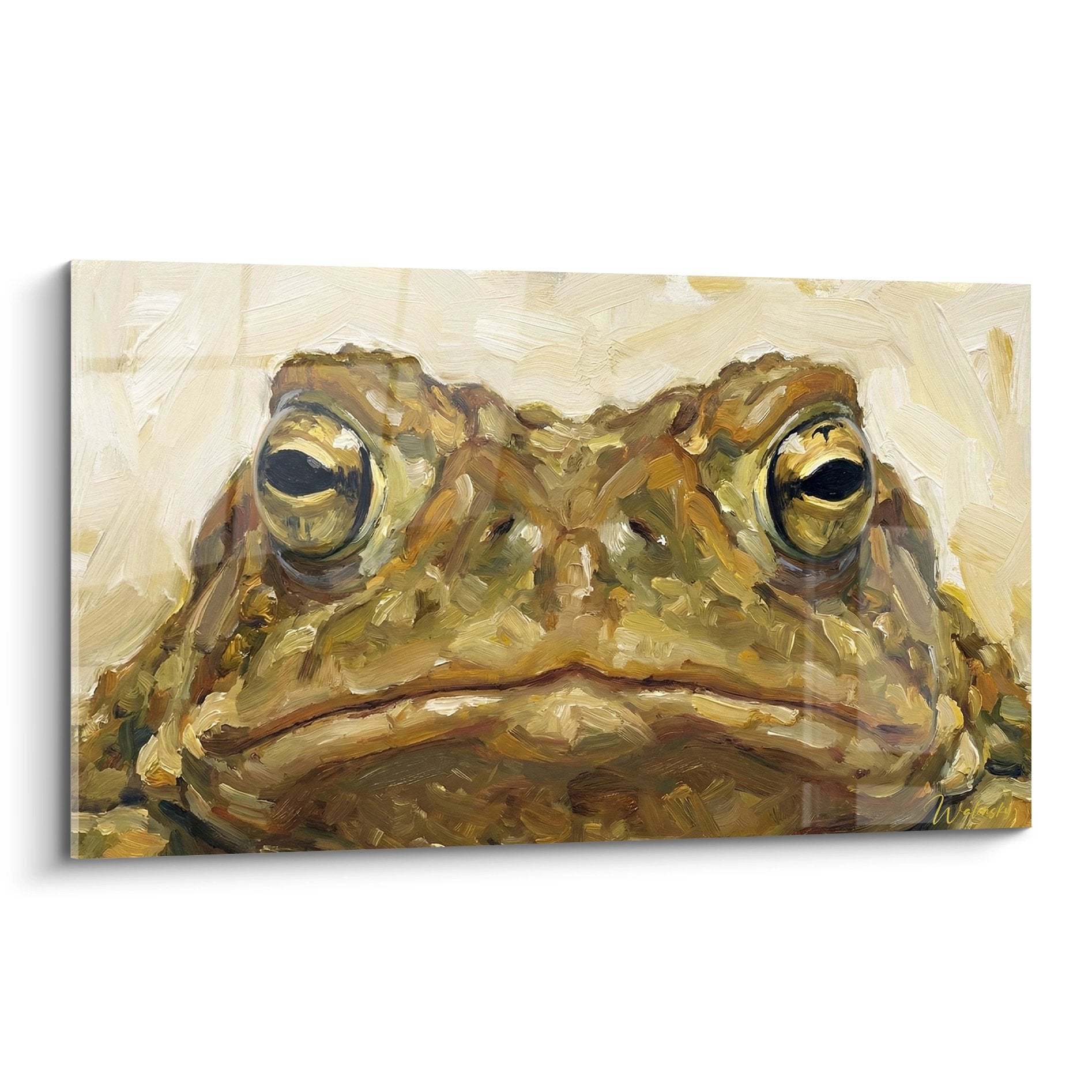 Portrait rapproché de crapaud aux tons bruns et dorés, regard expressif, technique impressionniste sur fond crème