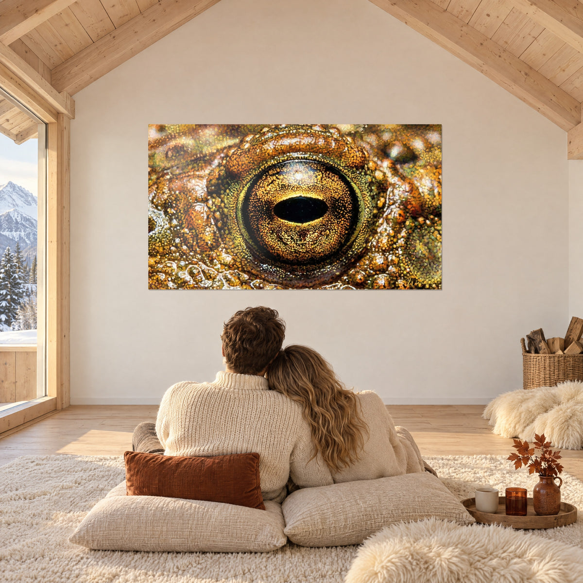 Wall art toad stare with orange iris and ebony pupil, facing a couple seated on cream cushions
