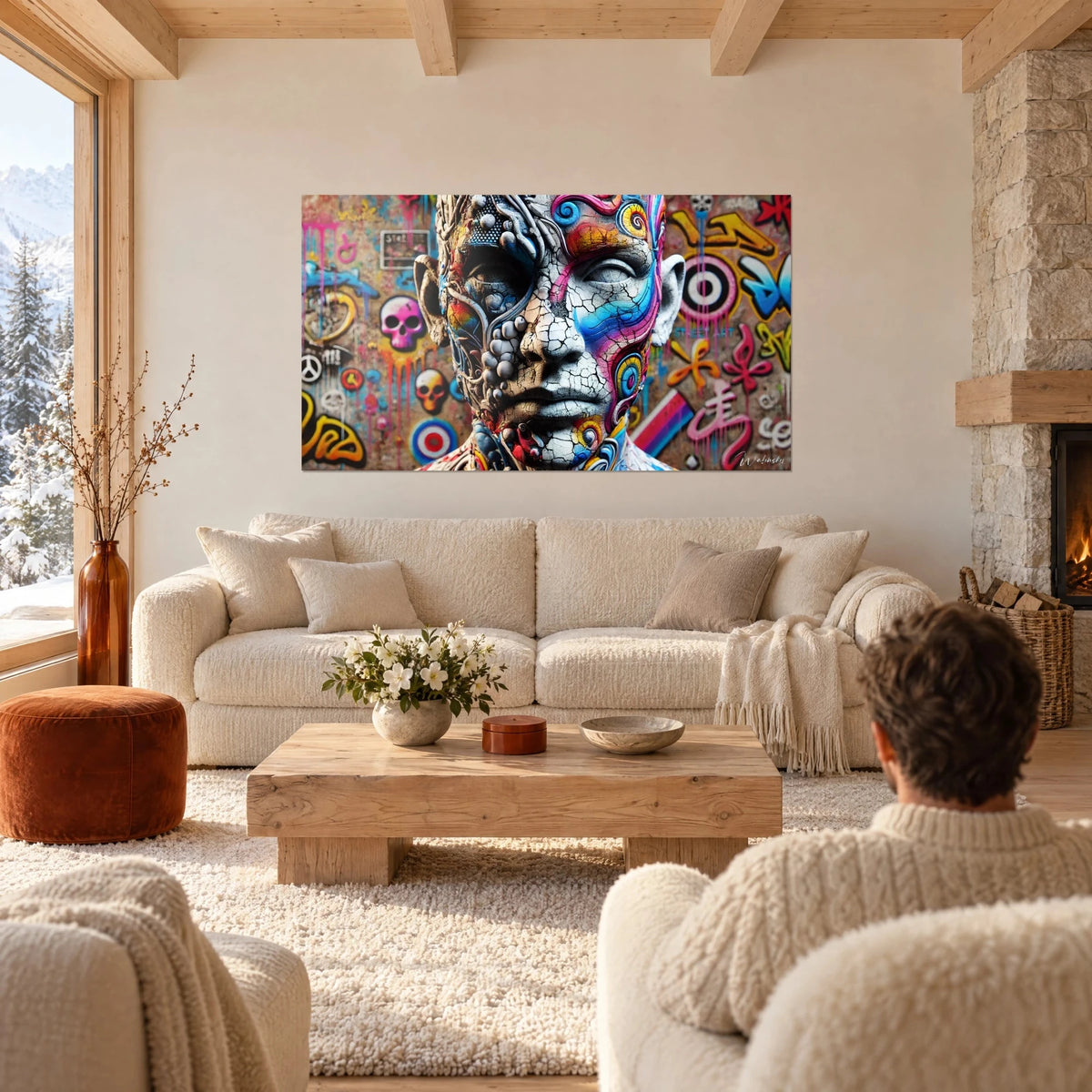 Quadro volto di statua crepata dipinto in blu e rosa, sfondo di graffiti, persona di spalle, sopra un divano in un soggiorno luminoso