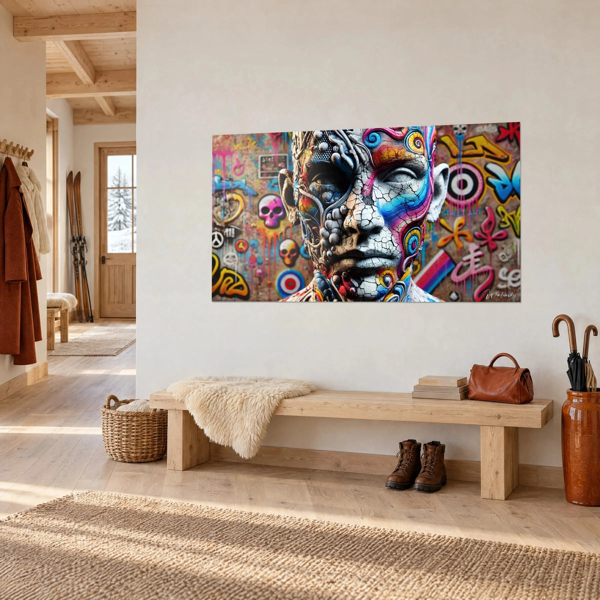 Quadro ritratto di marmo incrinato coperto da spirali turchesi e arancioni, teschi graffitati, parete bianca di un corridoio di chalet in legno