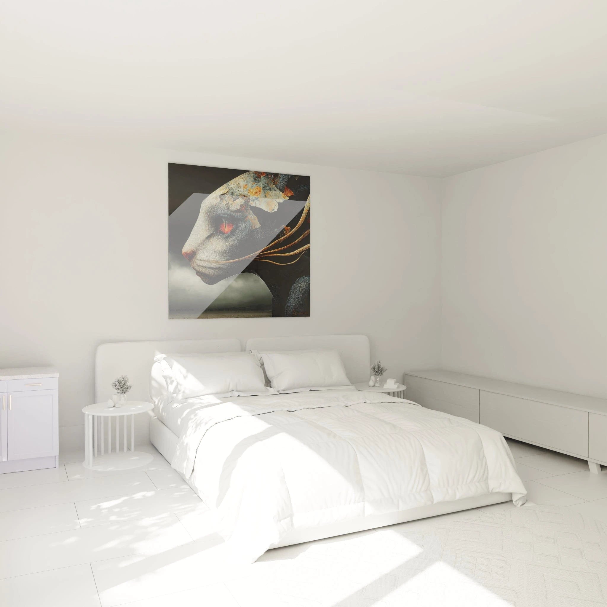 Décoration chambre avec tableau créature mystique aux appendices dorés ambiance moderne